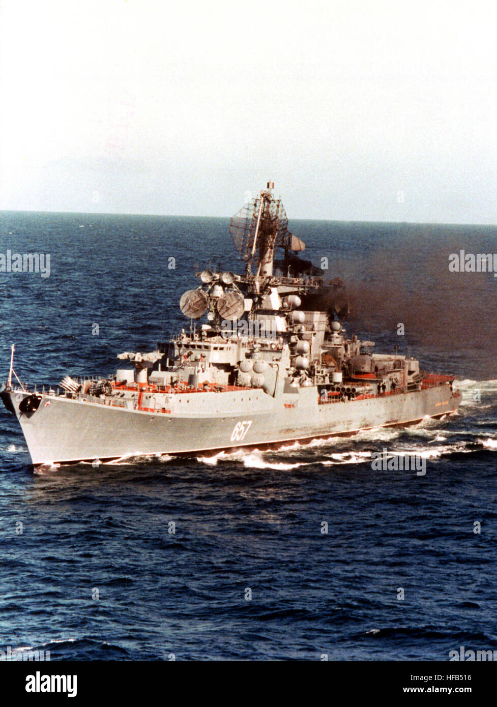 A port bow view of the Soviet Kresta II class guided missile cruiser Admiral Yumashev underway. Cruiser Admiral Yumashev Stock Photo