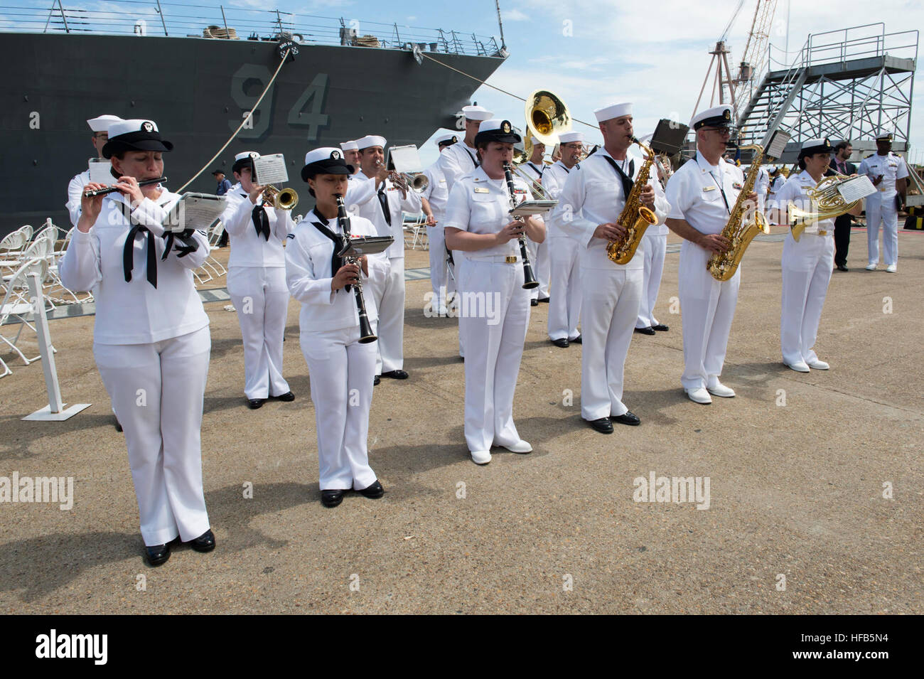 160601-N-XG464-054  NORFOLK, Va. (June 1, 2016) – U.S. Fleet Forces Band plays music in preparation for the departure of the aircraft carrier USS Dwight D. Eisenhower (CVN 69) and guided-missile destroyer USS Nitze (DDG 94). CVN 69 and DDG 94 departs Naval Station Norfolk with the USS Dwight D. Eisenhower Carrier Strike Group (CSG). The ships are deploying in support of maritime security operations and theater security cooperation efforts in the U.S. 5th and 6th Fleet areas of operation as well as the Great Green Fleet initiative. While deployed, CSG ships and aircraft will employ operational  Stock Photo