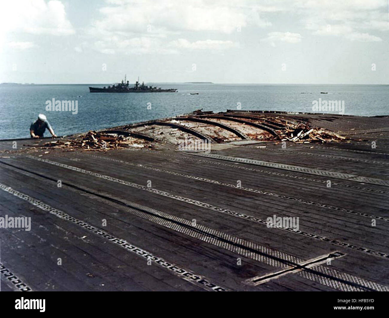 Damaged flight deck of USS Enterprise (CV-6) in August 1942 Stock Photo