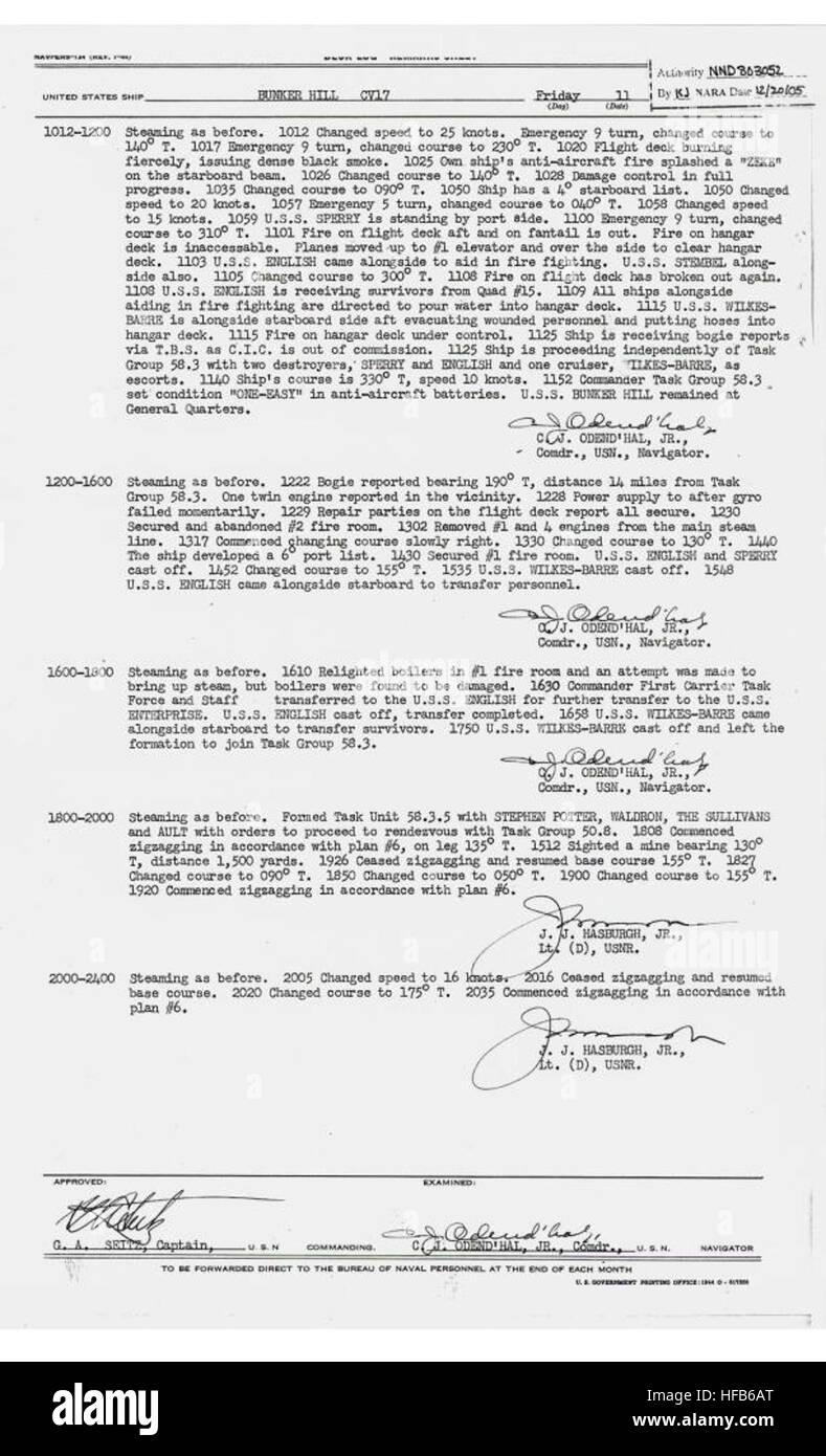 Decklog USS Bunker Hill 11May1945 pg2 Stock Photo Alamy