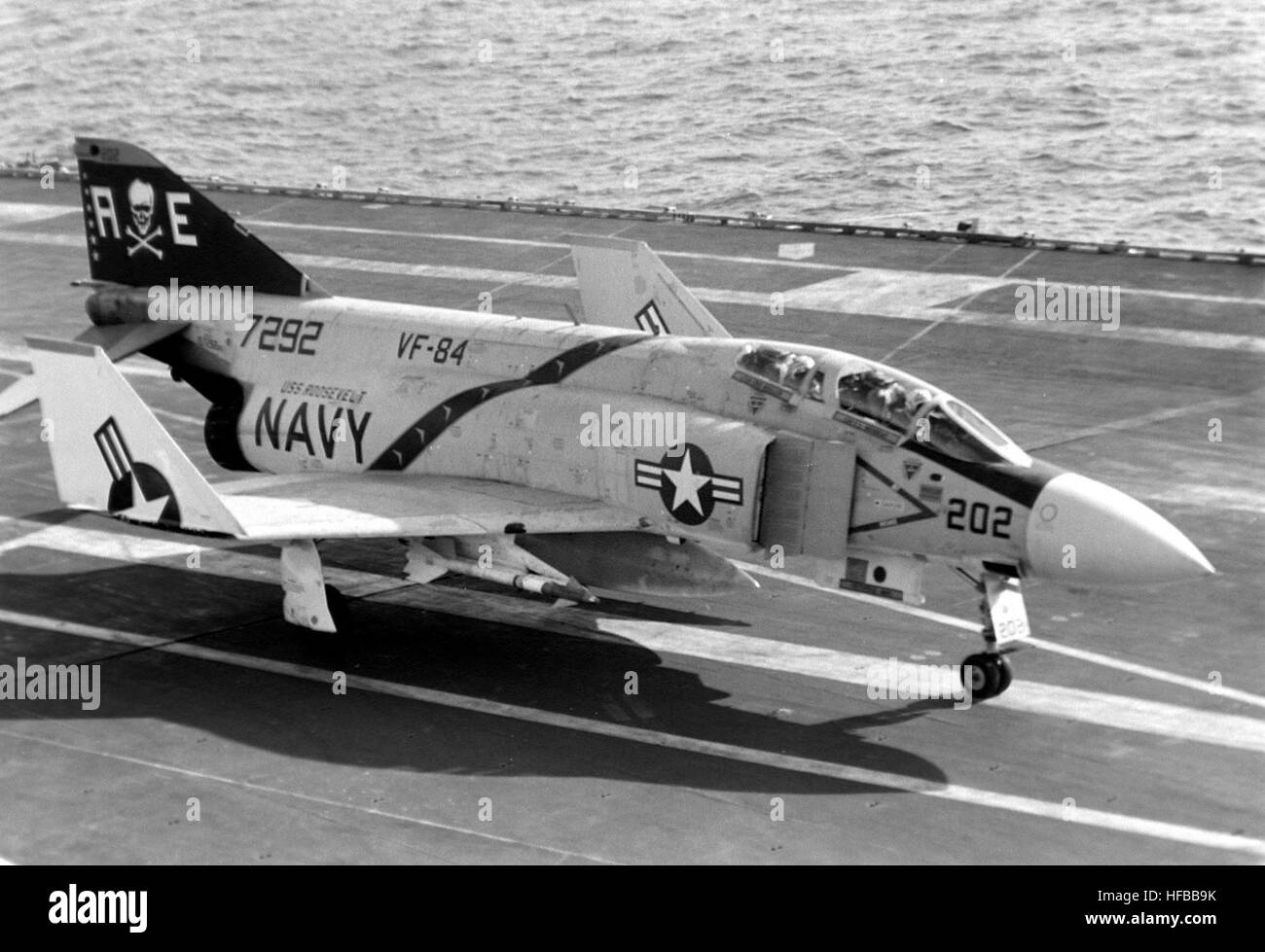 An F-4J Phantom II from VF-84 is on the deck of USS Franklin D