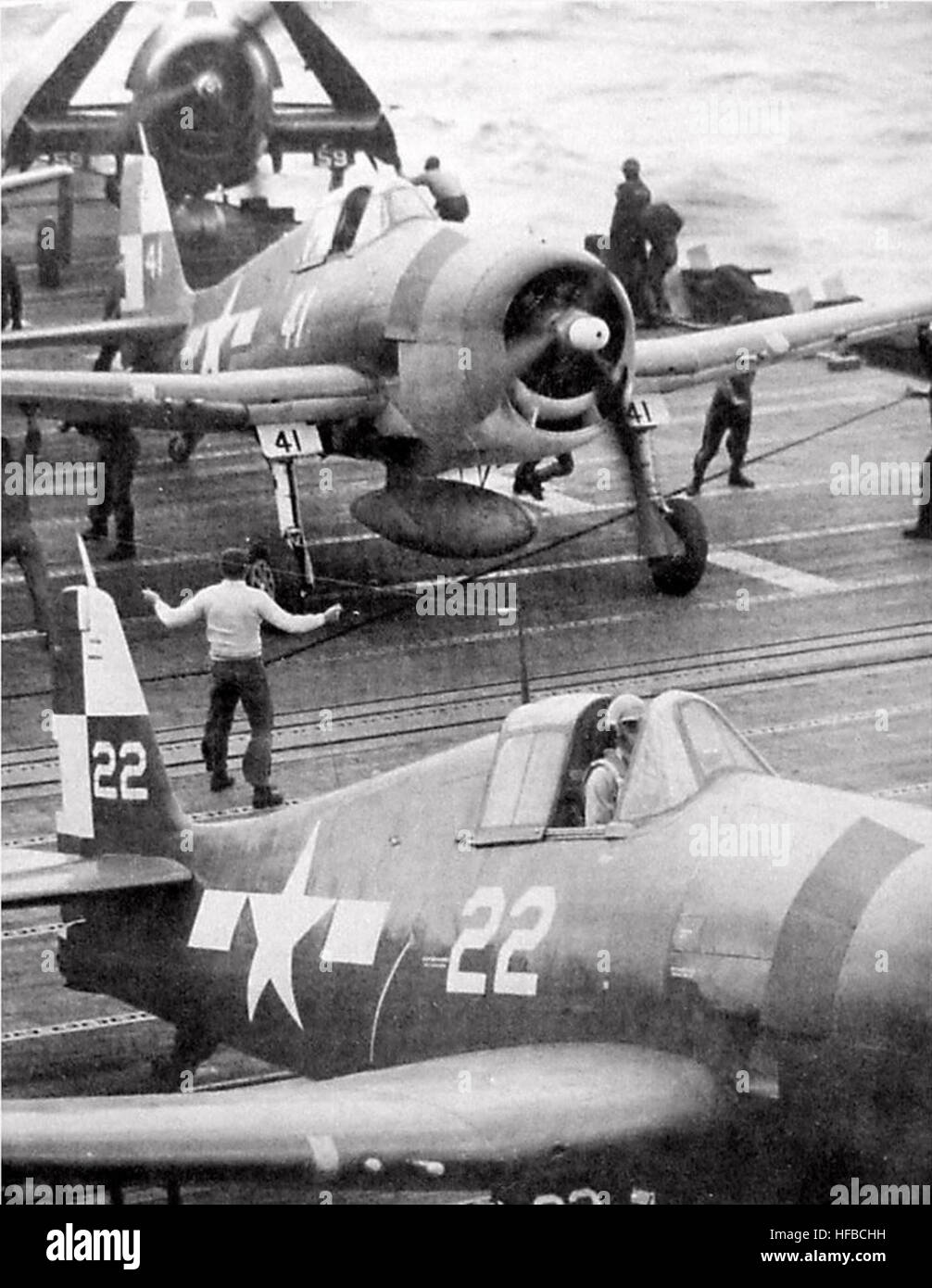A U.S. Navy F6F Hellcat fighter aircraft from VF-11 squadron operates ...