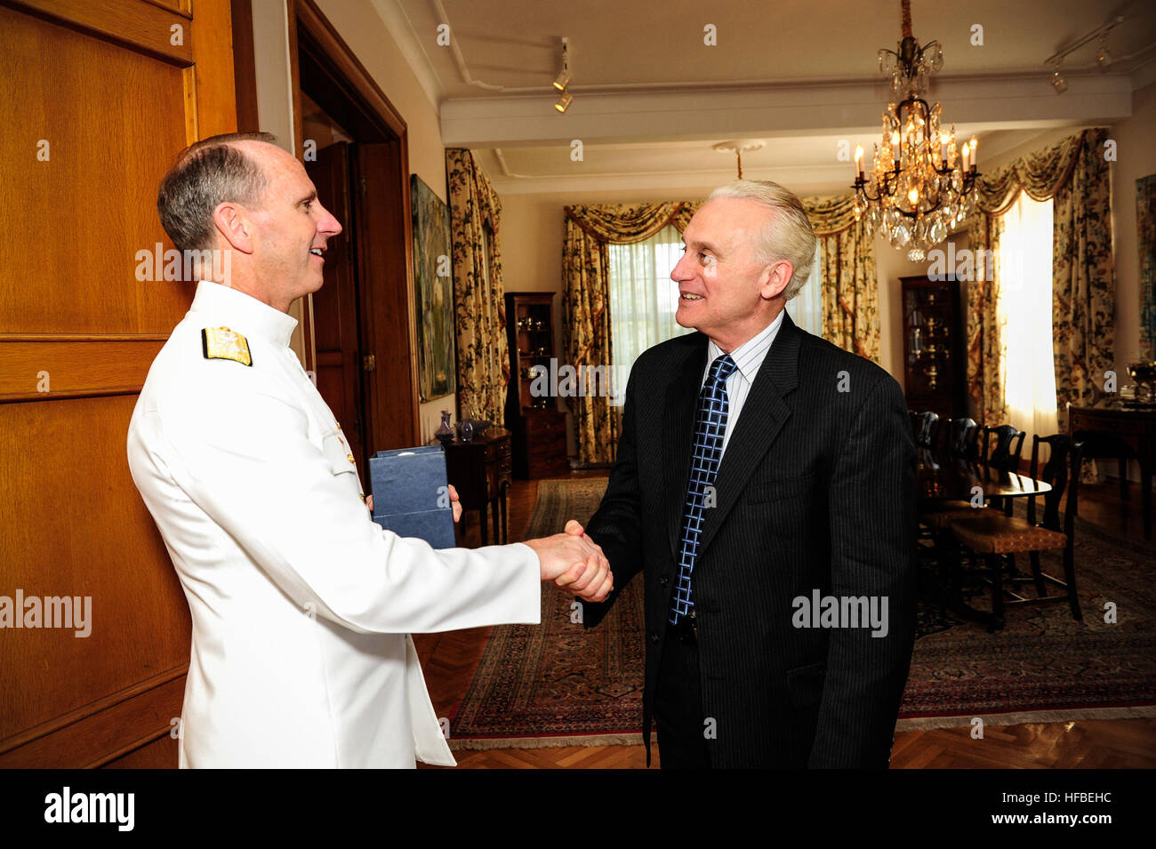120620-N-WL435-005  ANKARA, Turkey (June 20, 2012) Chief of Naval Operations (CNO) Adm. Jonathan Greenert, left, meets with the U.S. Ambassador to Turkey, Ambassador Francis J. Ricciardone, Jr. while in Turkey to talk with state and military leaders about current and future cooperative efforts. (U.S. Navy photo by Mass Communication Specialist 1st Class Peter D. Lawlor/Released)  - Official U.S. Navy Imagery - 120620-N-WL435-005 Stock Photo