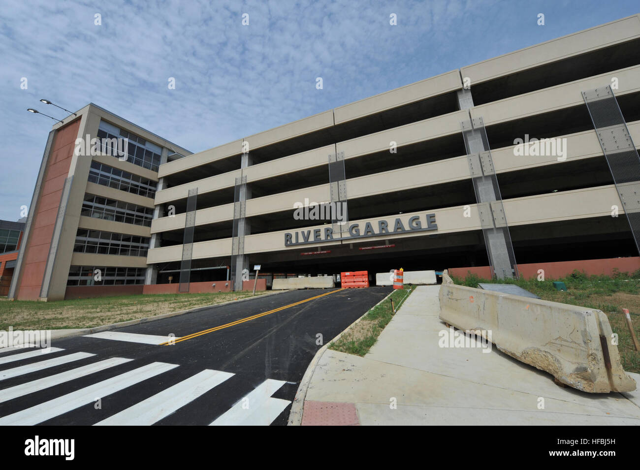 An exterior view of the Fort Belvoir Community Hospital River Pavilion. This garage will be used