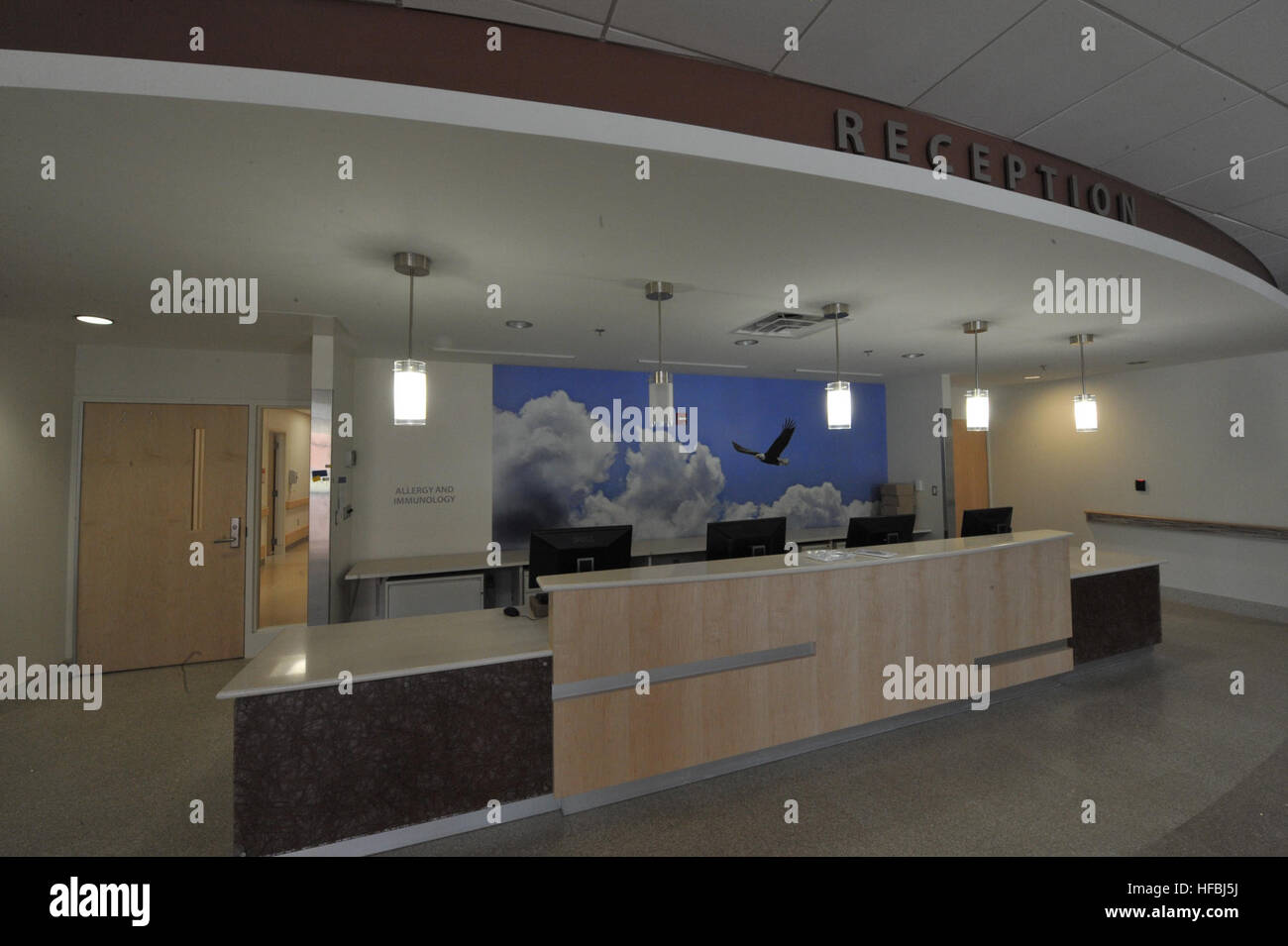 An interior view of a clinic reception area in Eagle Pavilion at the