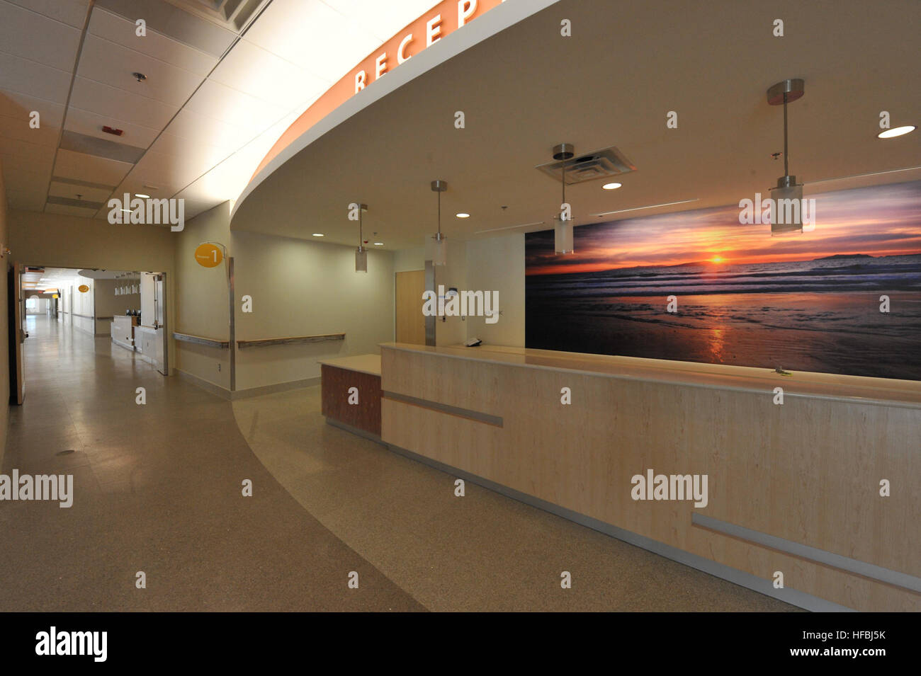 An interior view of a reception area at Fort Belvoir Community Hospital