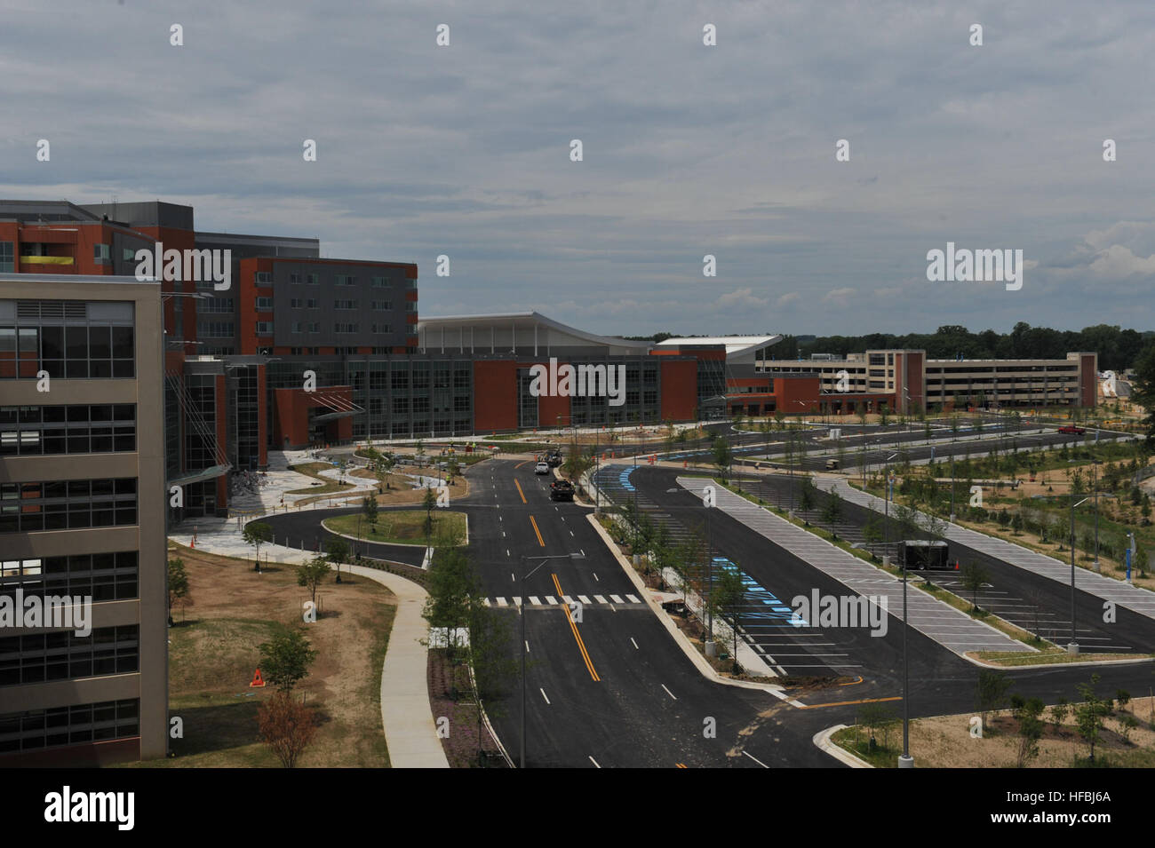 An exterior view of the Fort Belvoir Community Hospital from Meadows Garage, left, to River