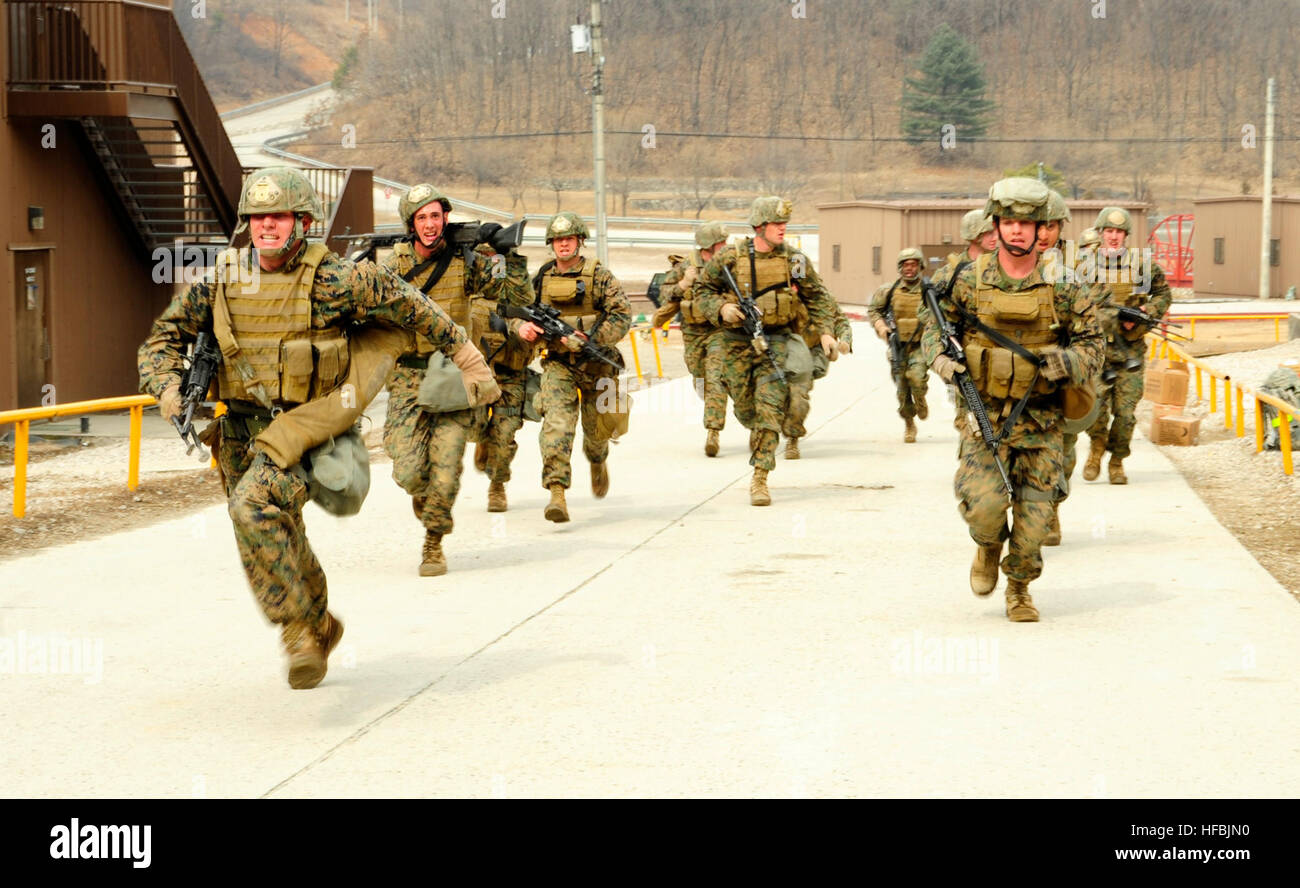 120308-N-SD300-912  CAMP RODRIGUEZ, Republic of Korea (March 8, 2012) Marines assigned to Fleet Antiterrorism Security Team (FAST) Company Pacific, 2nd Platoon, run while conducting tactical movement training. More than 50 Marines assigned to 2nd Platoon are training at Camp Rodriguez Live Fire Complex as part of FAST Exercise 2012 to further sustain and improve weapons marksmanship. (U.S. Navy photo by Mass Communication Specialist 3rd Class James Norman/Released)  - Official U.S. Navy Imagery - Marines run while conducting tactical movement training. Stock Photo