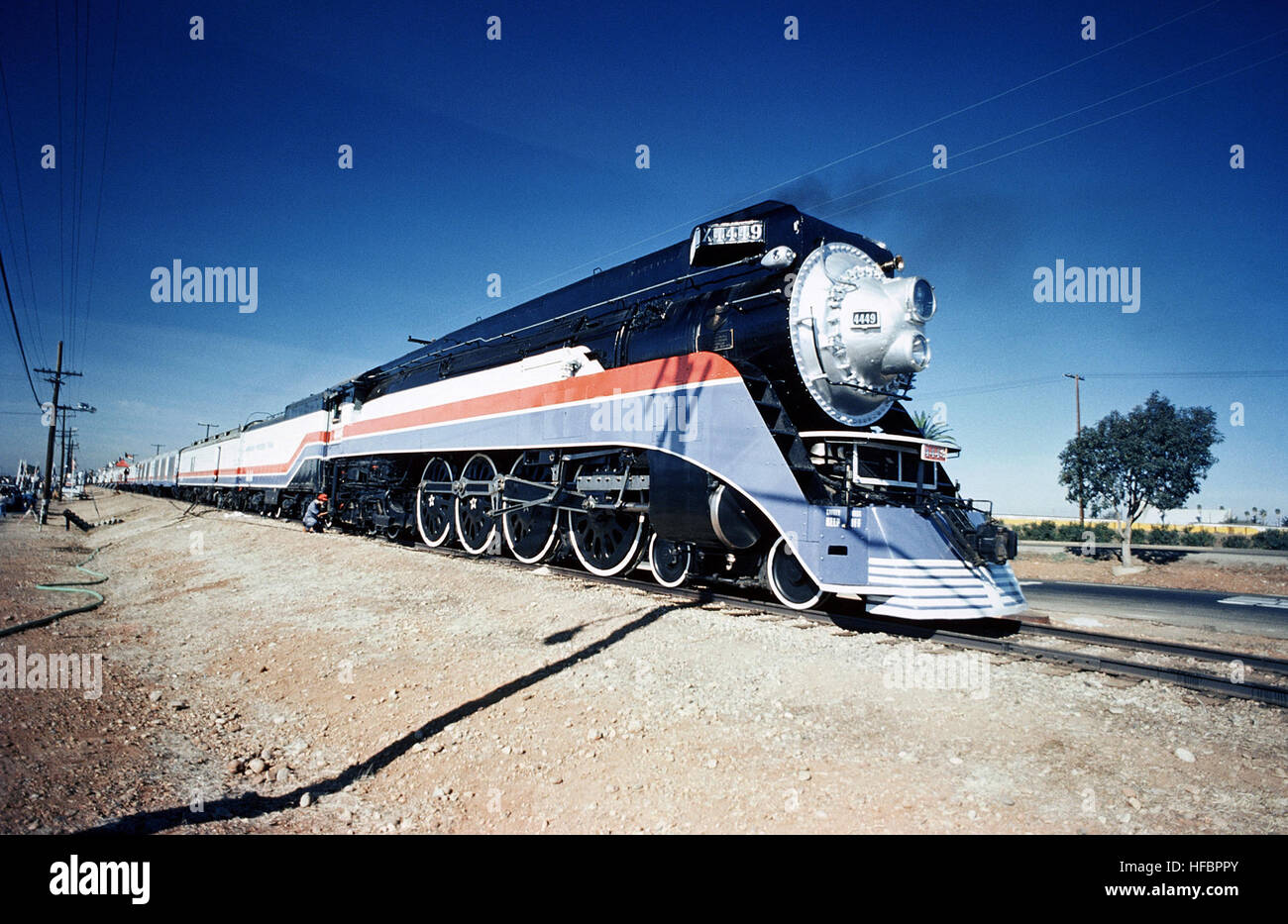 The Freedom Train passes through Naval Air Station, Miramar, California. 1976 American Freedom Train, 4-8-4 steam locomotive Stock Photo