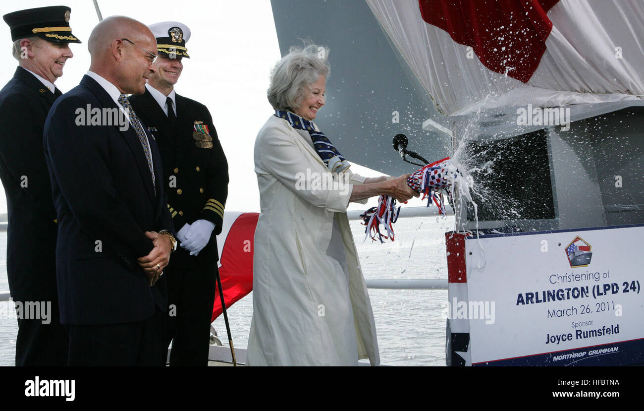 110326-N-0000X-001  PASCAGOULA, Miss. (March 26, 2011) Joyce Rumsfeld, wife of former Secretary of Defense Donald Rumsfeld, christens the amphibious transport dock ship Pre-Commissioning Unit (PCU) Arlington (LPD 24) at Northrop Grumman shipbuilding in Pascagoula, Miss. Arlington is the third San Antonio-class ship that will be named in remembrance of the Sept. 11, 2001 terrorist attacks. USS New York (LPD 21) has been delivered to the Navy and Somerset (LPD 25) is under construction. (Photo courtesy of Northrop Grumman Shipbuilding/Released)  - Official U.S. Navy Imagery - USS Arlington chris Stock Photo
