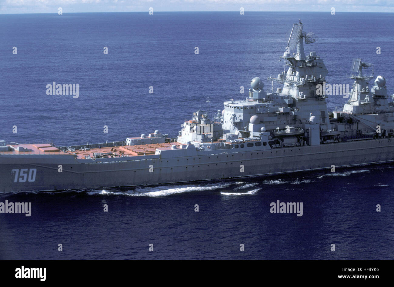 Aerial port view (amidships) of the Soviet Kirov class nuclear-powered guided missile cruiser FRUNZE underway