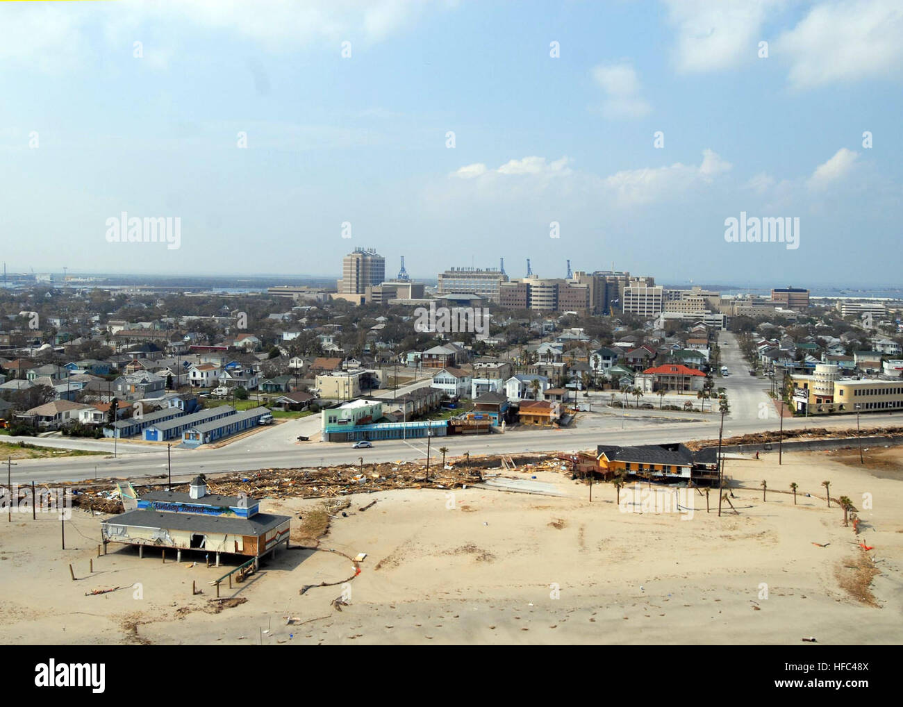 The skyline of Galveston, Texas, is shown in this aerial photograph. Hurricane Ike struck the Texas Gulf Coast as a strong Category 2 storm, Sept. 13, 2008, causing widespread damage to the region. Hurricane Ike Damage in Galveston, Texas 117352 Stock Photo