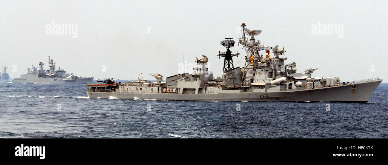 INS Rana (D 52) of the Indian Navy's Western Fleet leads a maneuver ...
