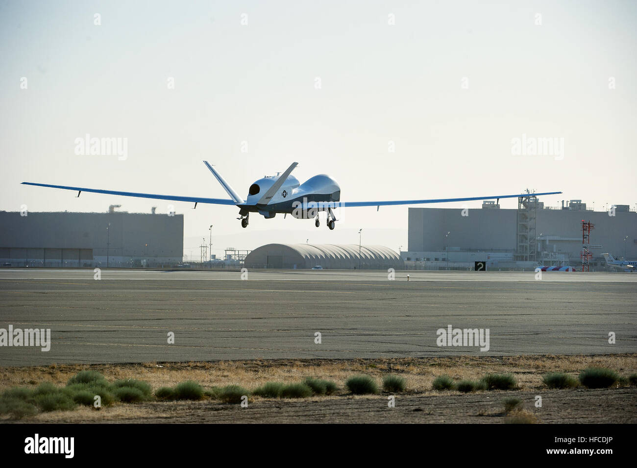 PALMDALE, Calif. (May 22, 2013) The Triton unmanned aircraft system completes its first flight May 22, 2013 from the Northrop Grumman manufacturing facility in Palmdale, Calif. The 80-minute flight successfully demonstrated control systems that allow Triton to operate autonomously. Triton is designed to fly surveillance missions up to 24-hours at altitudes of more than 10 miles, allowing coverage out to 2,000 nautical miles. The system's advanced suite of sensors can detect and automatically classify different types of ships.  (U.S. Navy photo courtesy of Northrop Grumman by Daniel Perales/Rel Stock Photo