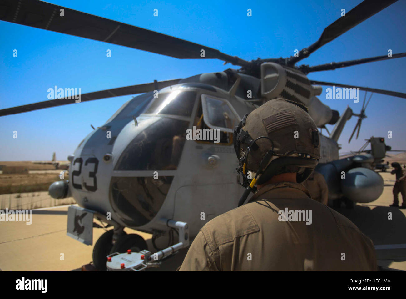 160720-M-KK554-132 ISRAEL DEFENSE FORCES NATIONAL TRAINING CENTER, Israel (July 20, 2016) A U.S. Marine with Marine Medium Tiltrotor Squadron 264 (Reinforced), 22nd Marine Expeditionary Unit (MEU), prepares a CH-53E Super Stallion helicopter for flight July 20, 2016, during Noble Shirley 16, a bilateral training exercise with the Israel Defense Forces. 22nd MEU, deployed with the Wasp Amphibious Ready Group, is conducting naval operations in the U.S. 6th fleet area of operations in support of U.S. national security interests in Europe. (U.S. Marine Corps photo by Sgt. Ryan Young/Released) Nobl Stock Photo