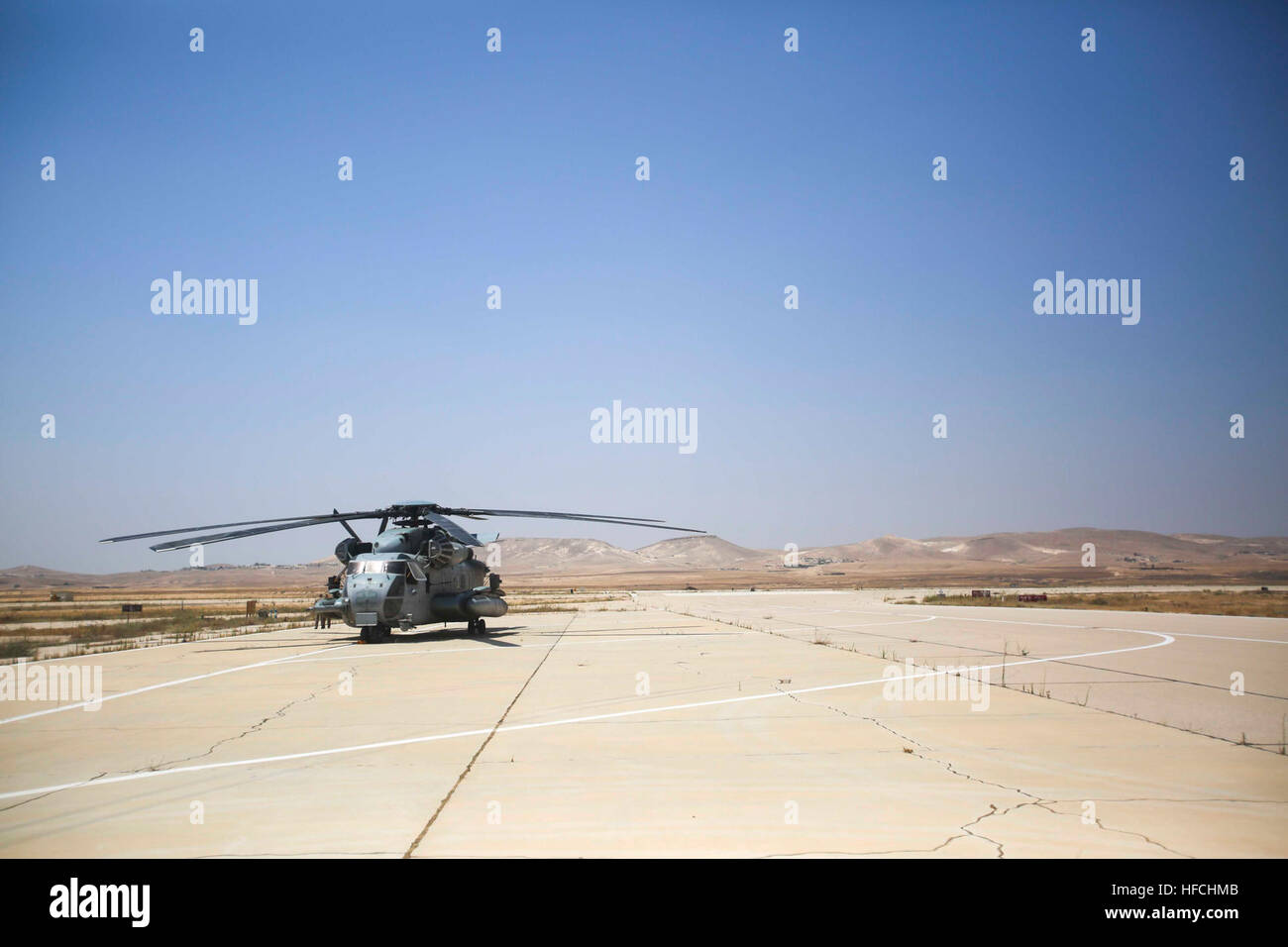 160720-M-KK554-164 ISRAEL DEFENSE FORCES NATIONAL TRAINING CENTER, Israel (July 20, 2016) A U.S. Marine Corps CH-53E Super Stallion helicopter from Marine Medium Tiltrotor Squadron 264 (Reinforced), 22nd Marine Expeditionary Unit (MEU), prepares for a flight July 20, 2016, during Noble Shirley 16, a bilateral training exercise with the Israel Defense Forces. 22nd MEU, deployed with the Wasp Amphibious Ready Group, is conducting naval operations in the U.S. 6th fleet area of operations in support of U.S. national security interests in Europe. (U.S. Marine Corps photo by Sgt. Ryan Young/Released Stock Photo