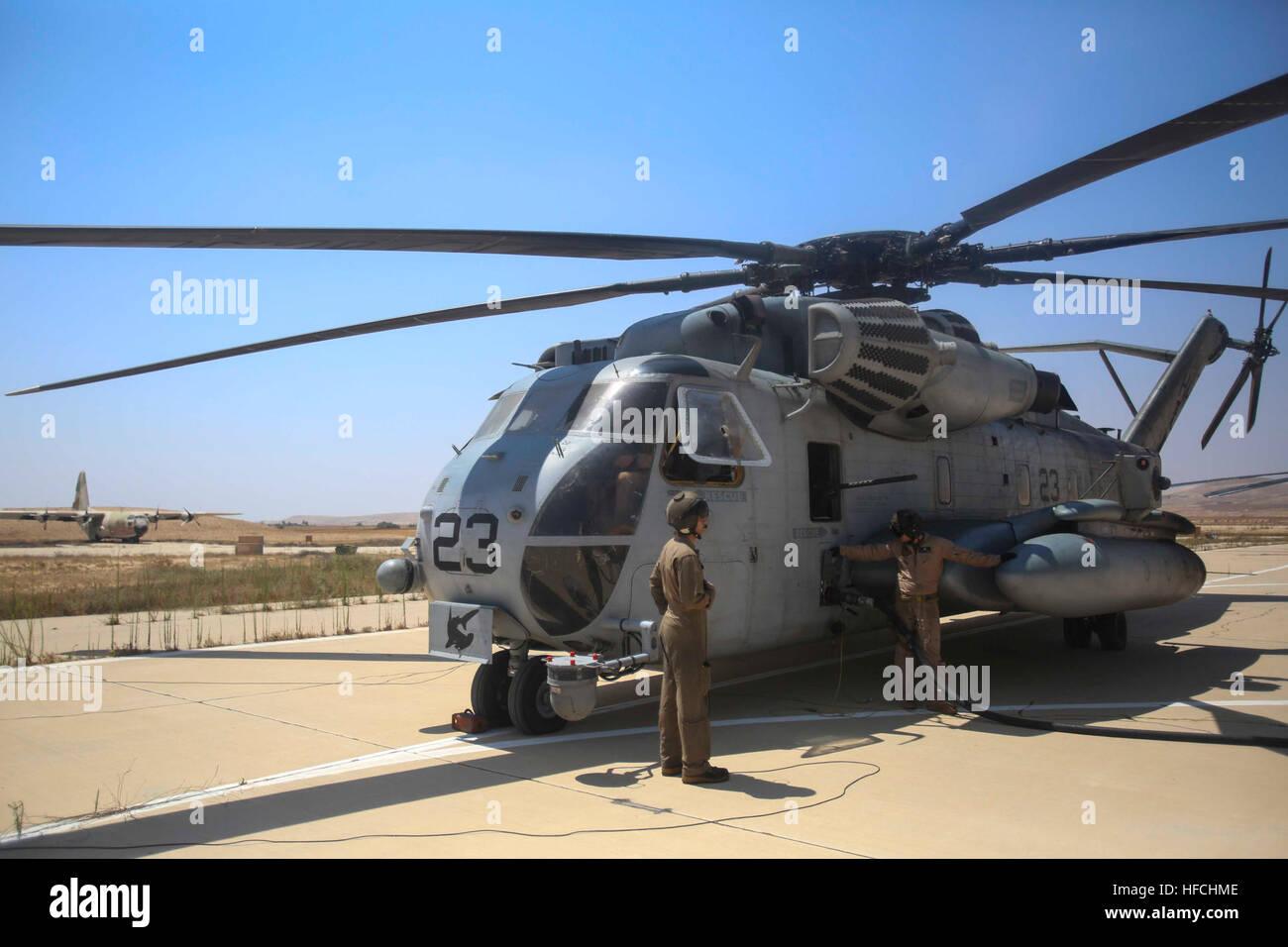 160720-M-KK554-215 ISRAEL DEFENSE FORCES NATIONAL TRAINING CENTER, Israel (July 20, 2016) U.S. Marines with Marine Medium Tiltrotor Squadron 264 (Reinforced), 22nd Marine Expeditionary Unit (MEU), refuel a  CH-53E Super Stallion helicopter before a  flight July 20, 2016, during Noble Shirley 16, a bilateral training exercise with the Israel Defense Forces. 22nd MEU, deployed with the Wasp Amphibious Ready Group, is conducting naval operations in the U.S. 6th fleet area of operations in support of U.S. national security interests in Europe. (U.S. Marine Corps photo by Sgt. Ryan Young/Released)  Stock Photo