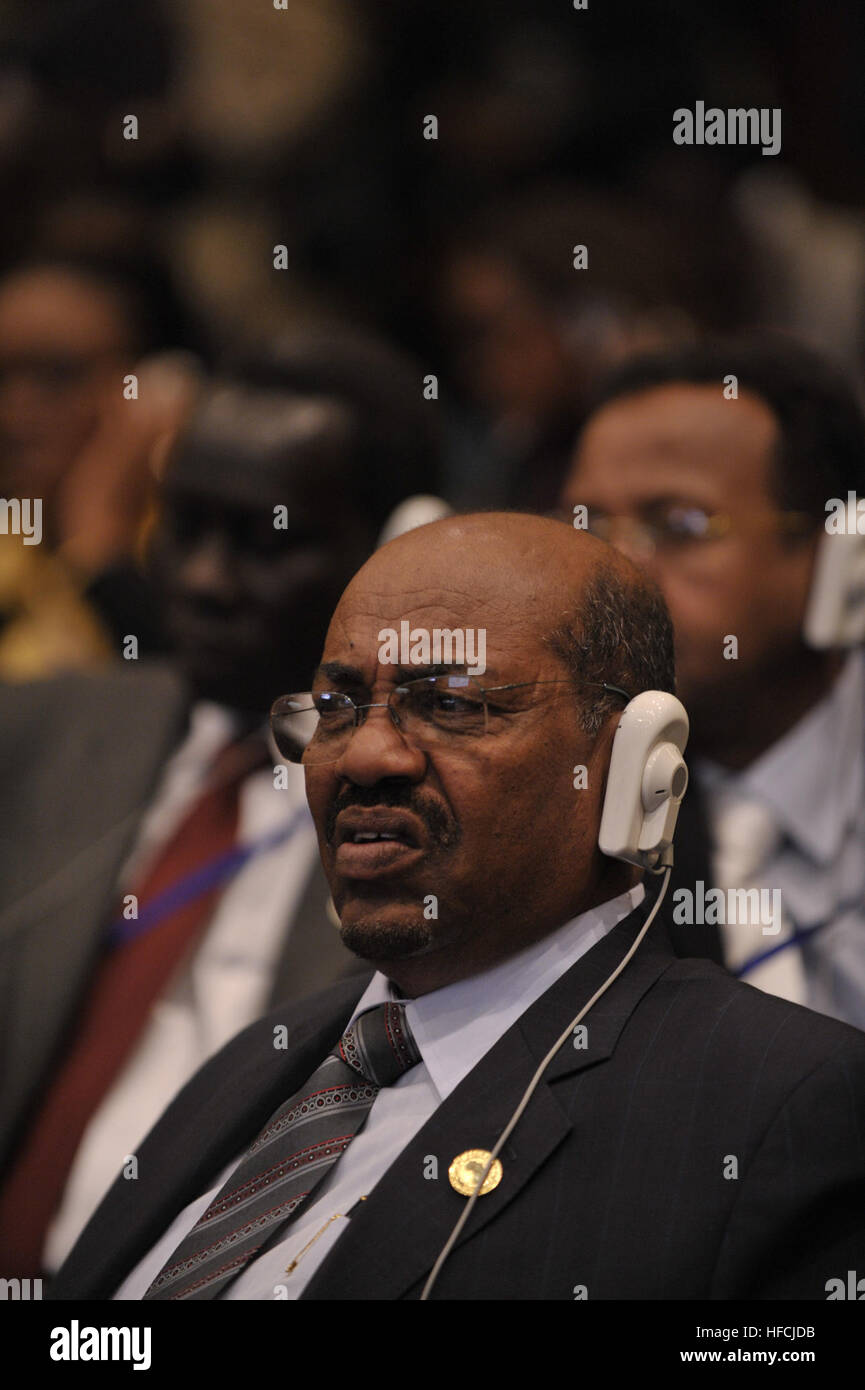 Omar Hassan Ahmad al-Bashir, president of Sudan, sits in the Plenary Hall of the United Nations Conference Centre in Addis Ababa, Ethiopia, during the 12th African Union Summit Feb. 2, 2009. The assembly endorsed the communique, issued by the Peace and Security Council of the African Union, to defer the process initiated by the International Criminal Court to indict Bashir. (U.S. Navy photo by Mass Communication Specialist 2nd Class Jesse B. Awalt/Released) Omar al-Bashir, 12th AU Summit, 090202-N-0506A-724 Stock Photo