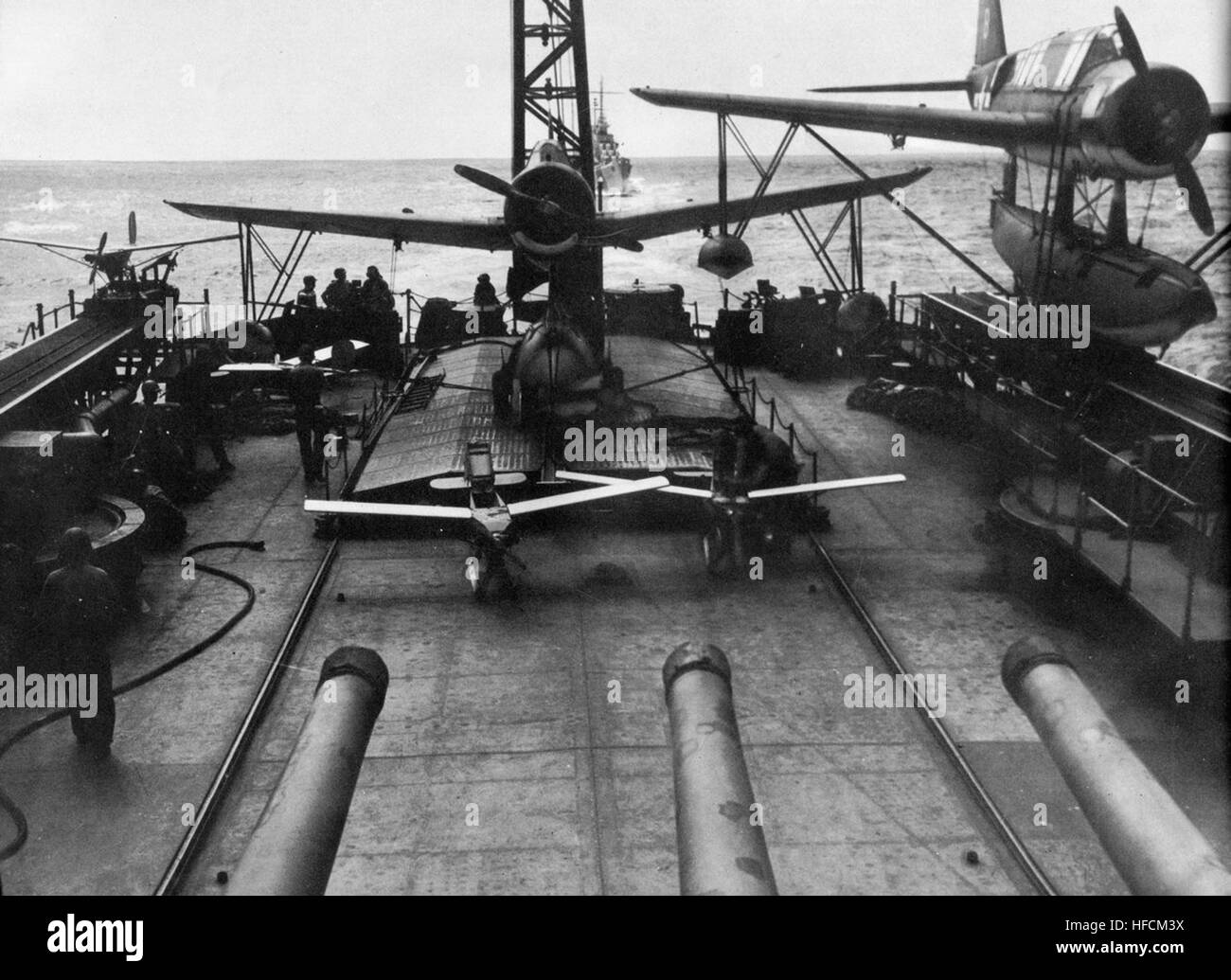 OS2U Kingfishers and TDD drones on USS Biloxi (CL80) c1944 Stock Photo