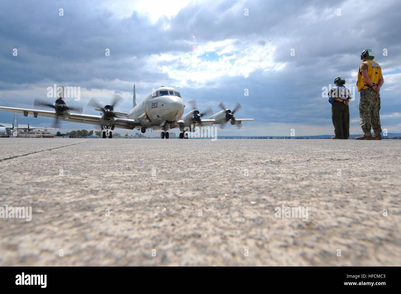 160521-N-AL293-039 SIGONELLA, Sicily (May 21, 2016) A P-3 Orion maritime patrol aircraft from Patrol Squadron (VP) 4 taxis at Naval Air Station Sigonella, Sicily in preparation to take off in support of the search for EgyptAir flight MS804 May 21, 2016. The U.S. Navy is providing a P-3 Orion in support of the Hellenic Armed Forces, the Joint Rescue Coordination Center in Greece, in response to a request by the U.S. Embassy in Athens, Greece for assistance in the search of the missing Egyptian aircraft. (U.S. Navy photo by Mass Communication Specialist 2nd Class Devin Menhardt/Released) P-3 Ori Stock Photo