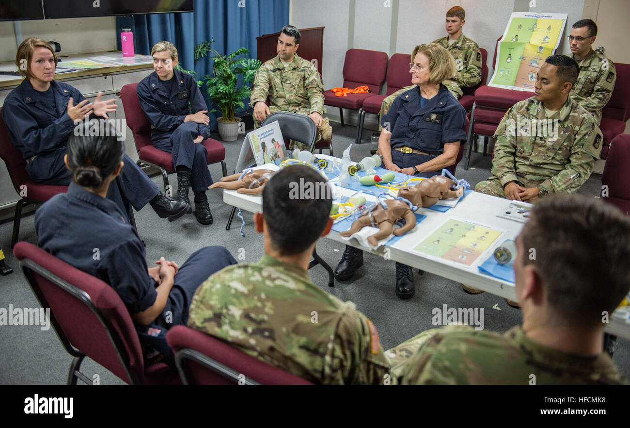 160527-N-QW941-031 PACIFIC OCEAN (May 27, 2016) Service members attached to hospital ship USNS Mercy (T-AH 19) conduct training on initial resuscitation of newborn babies. Deployed in support of Pacific Partnership 2016, Mercy's mission is designed to emphasize multilateral cooperation and building mutual trust in the Indo-Asia-Pacific. Medical, engineering and various other personnel embarked aboard Mercy will work side-by-side with partner nation counterparts, exchanging ideas, building best practices and relationships to ensure preparedness should disaster strike. (U.S. Navy photo by Mass C Stock Photo