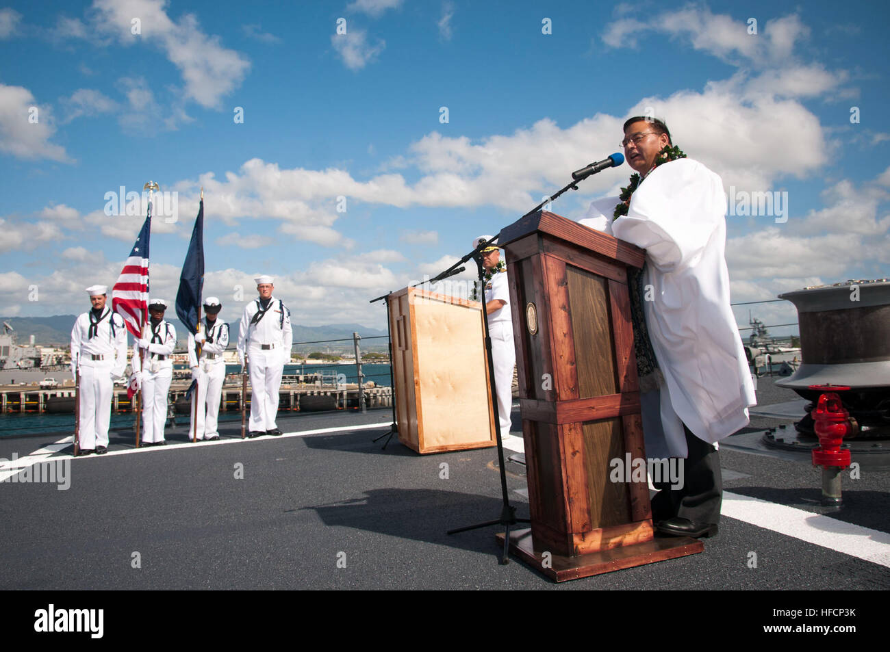 Kahu Sherman Thompson performs a traditional Hawaiian blessing during a