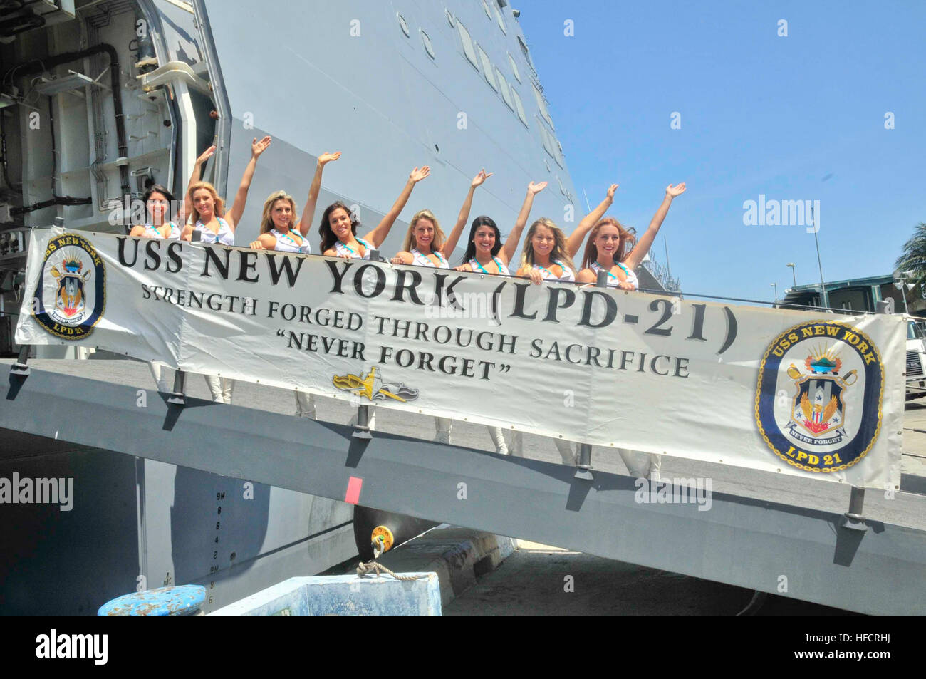 Members of Miami Dolphins Cheerleaders enjoy a ship tour aboard amphibious transport dock ship USS New York (LPD 21) as part of Fleet Week Port Everglades. This is the 24th annual Fleet Week in Port Everglades, South Florida's annual celebration of the maritime services (U.S. Navy photo by Mass Communication Specialist 2nd Class Cyrus Roson/ Released) Port Everglades Fleet Week 2014 140429-N-YO707-169 Stock Photo