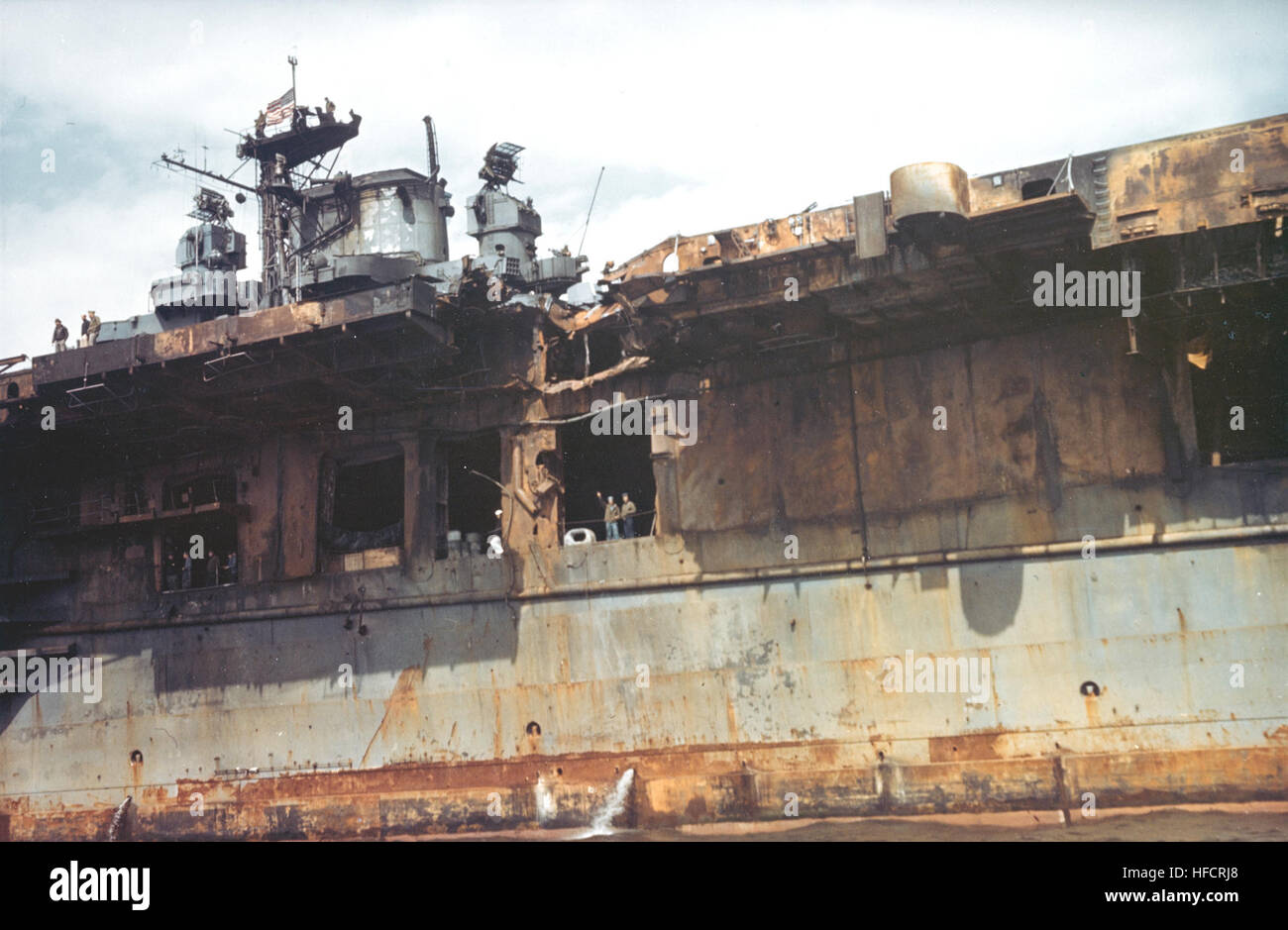 Port side amidships detail of USS Franklin (CV13) in April 1945 Stock