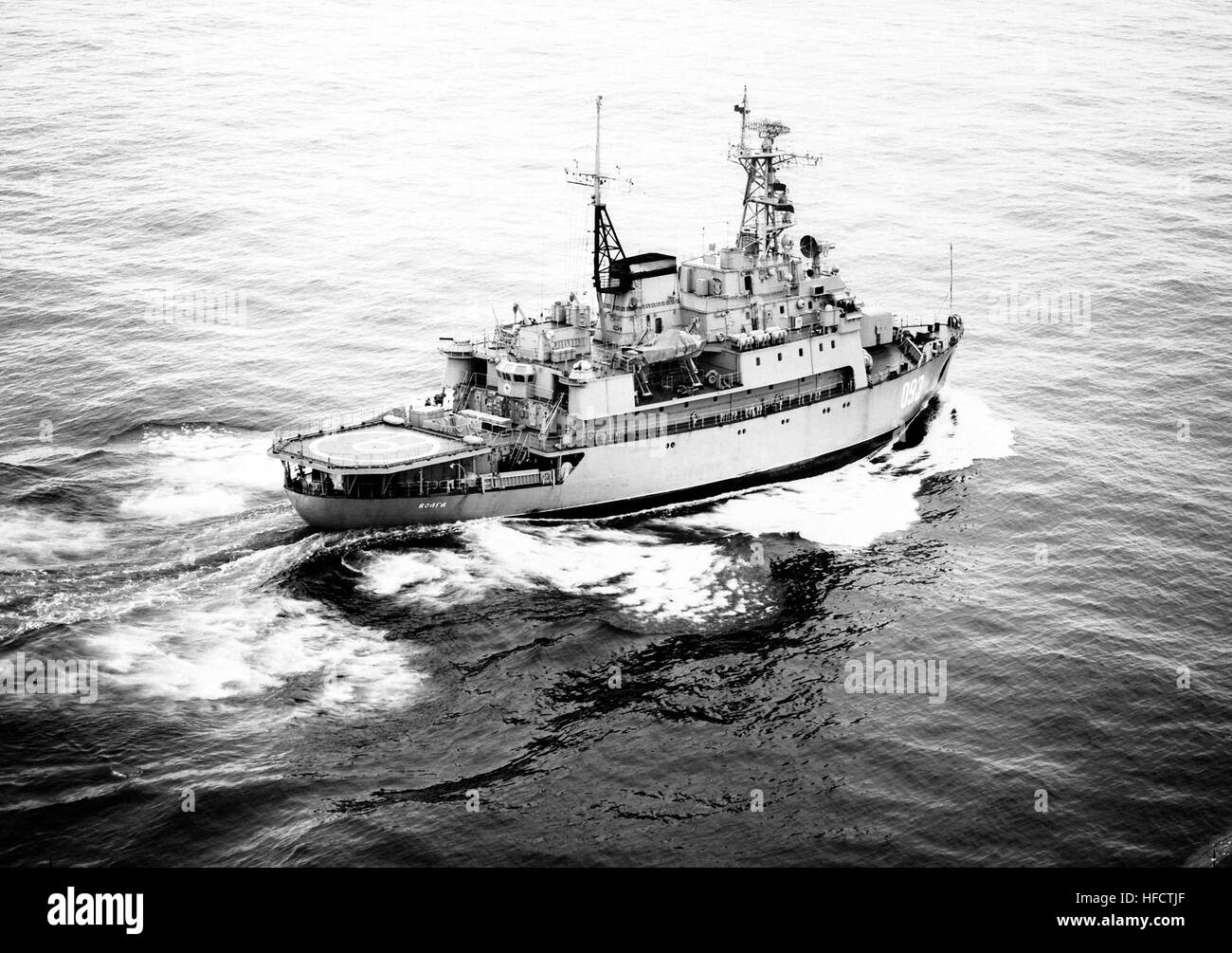 A starboard quarter view of the Soviet Ivan Susanin class patrol icebreaker VOLGA en route to San Francisco to take part in the United States Coast Guard's 200th anniversary celebration.  The ship is operated by the KGB Maritime Border Guard. PSKR-Volga(DN-SN-91-00620) Stock Photo