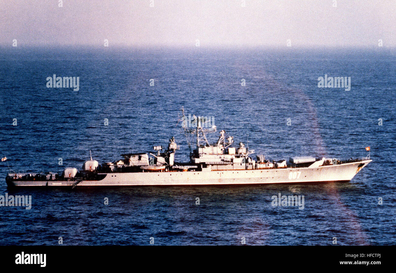 A starboard beam view of the Soviet Krivak I class guided missile