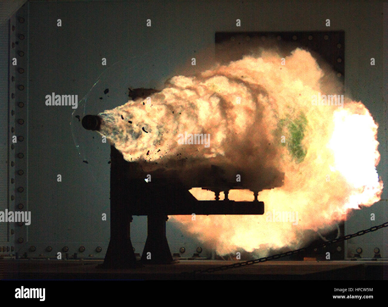 080131-N-0000X-001   DAHLGREN, Va. (Jan. 31, 2008) Photograph taken from a high-speed video camera during a record-setting firing of an electromagnetic railgun (EMRG) at Naval Surface Warfare Center, Dahlgren, Va., on January 31, 2008, firing at 10.64MJ (megajoules) with a muzzle velocity of 2520 meters per second. The Office of Naval ResearchÕs EMRG program is part of the Department of the NavyÕs Science and Technology investments, focused on developing new technologies to support Navy and Marine Corps war fighting needs. This photograph is a frame taken from a high-speed video camera. U.S. N Stock Photo