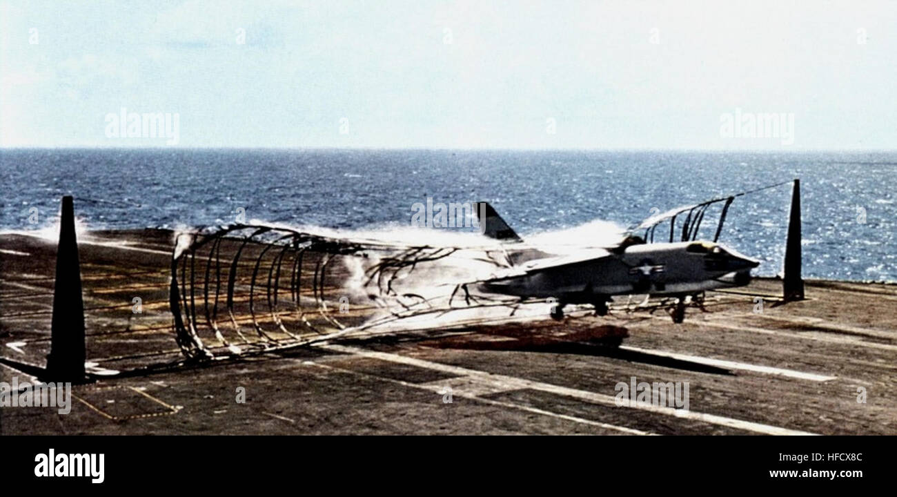 RF-8A VFP-61 barrier crash on USS Ranger (CVA-61) 1959 Stock Photo - Alamy