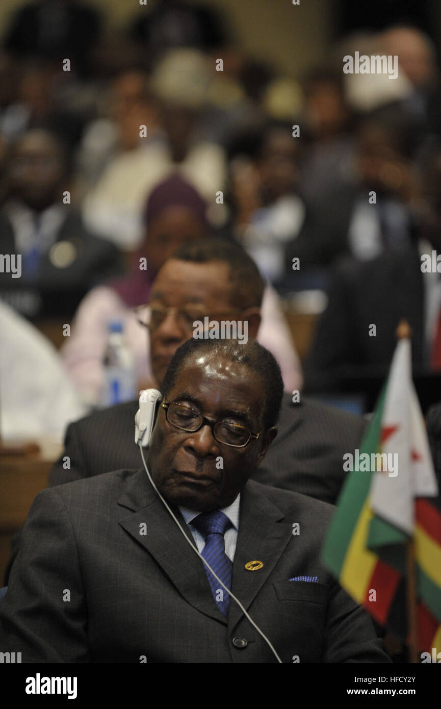 Robert Mugabe, the president of Zimbabwe, attends the 12th African Union Summit Feb. 2, 2009 in Addis Ababa, Ethiopia. The assembly agreed to a schedule for the formation of Zimbabwe's new unity government, calling for the immediate lifting of sanctions on the country. (U.S. Navy photo by Mass Communication Specialist 2nd Class Jesse B. Awalt/Released) Robert Mugabe, 12th AU Summit, 090202-N-0506A-310 Stock Photo