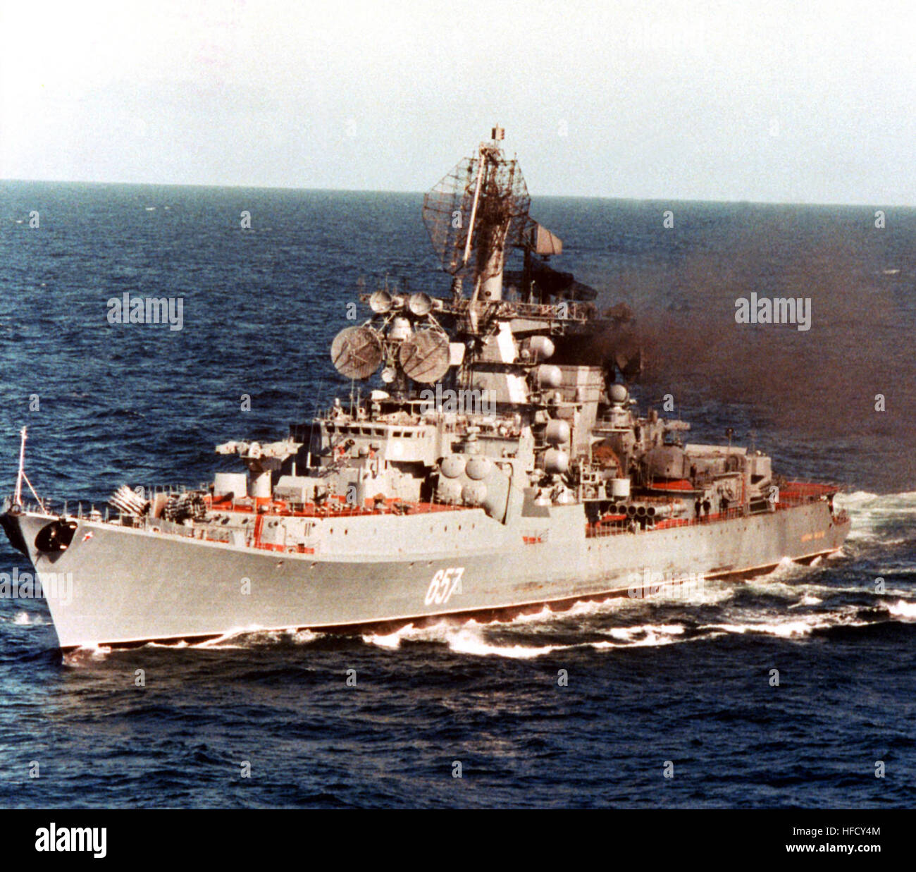 A port bow view of the Soviet Kresta II class guided missile cruiser Admiral Yumashev underway. AdmiralYumashev1982 Stock Photo