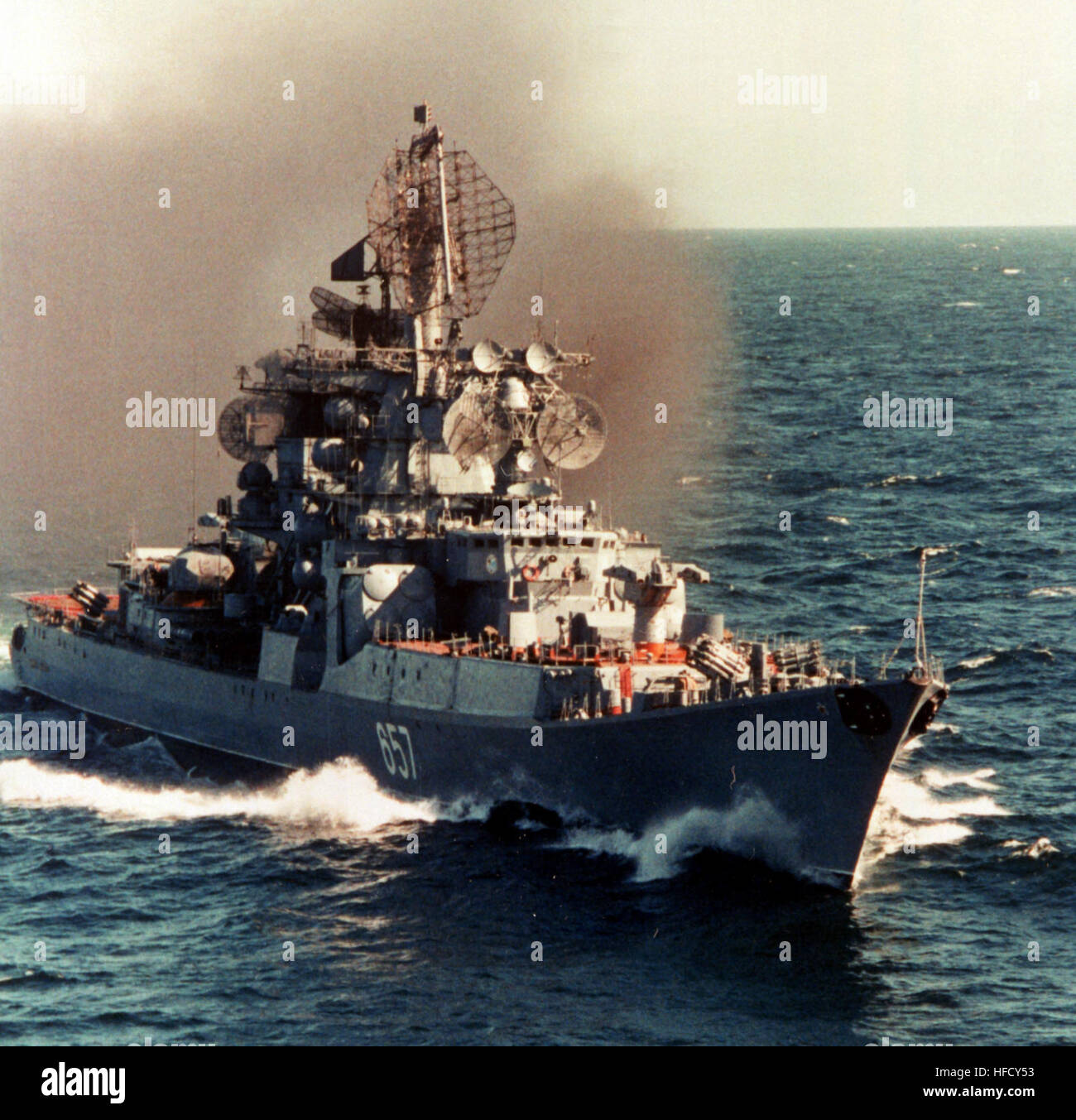 A starboard bow view of the Soviet Kresta II Class guided missile cruiser ADMIRAL YUMASHEV underway. AdmiralYumashev1982a Stock Photo