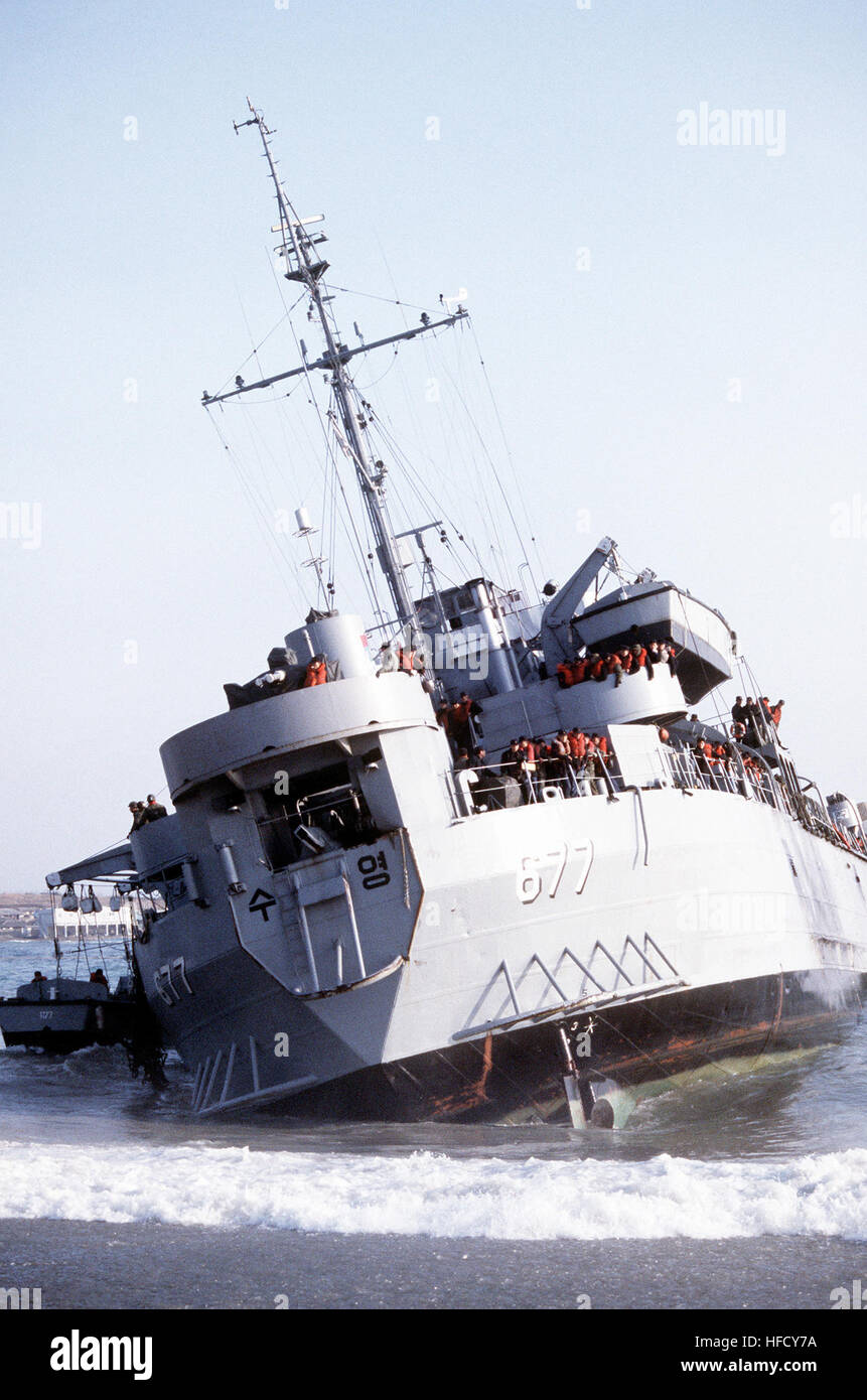 A stern view of a Republic of Korea tank landing ship that ran aground on the beach during Exercise Team Spirit '83. ROKS Suyeong (LST 677) Stock Photo