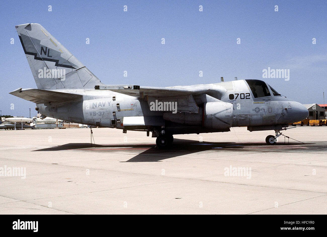 A right side view of an Air Anti-submarine Squadron 37 (VS-37) S-3A Viking aircraft parked on the flight line. S-3A Viking of VS-37 at NAS North Island 1992 Stock Photo