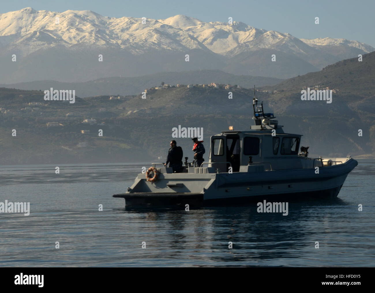 SOUDA BAY, Greece (Feb. 2, 2016) Sailors assigned to Naval Support Activity Souda Bay Harbor Security, perform a routine patrol of Souda Bay aboard a 36-foot patrol boat.  U.S. 6th Fleet, headquartered in Naples, Italy, conducts the full spectrum of joint and naval operations, often in concert with allied, joint, and interagency partners, in order to advance U.S. national interests and security and stability in Europe and Africa. (U.S. Navy photo by Heather Judkins/Released)160202-N-IL474-035 Join the conversation: http://www.navy.mil/viewGallery.asp http://www.facebook.com/USNavy http://www.t Stock Photo