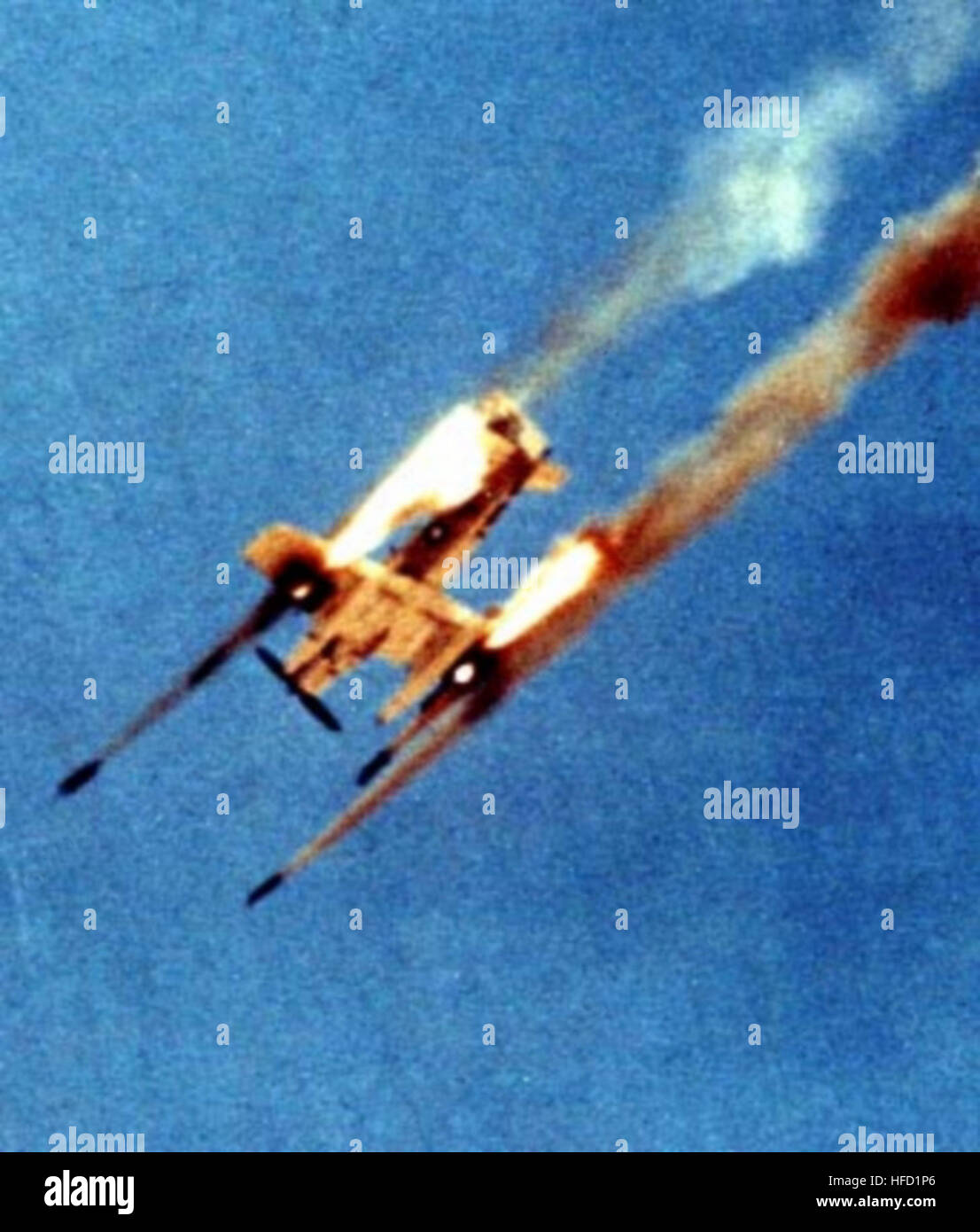 An AD Skyraider aircraft launches HVAR rockets during a flight ...