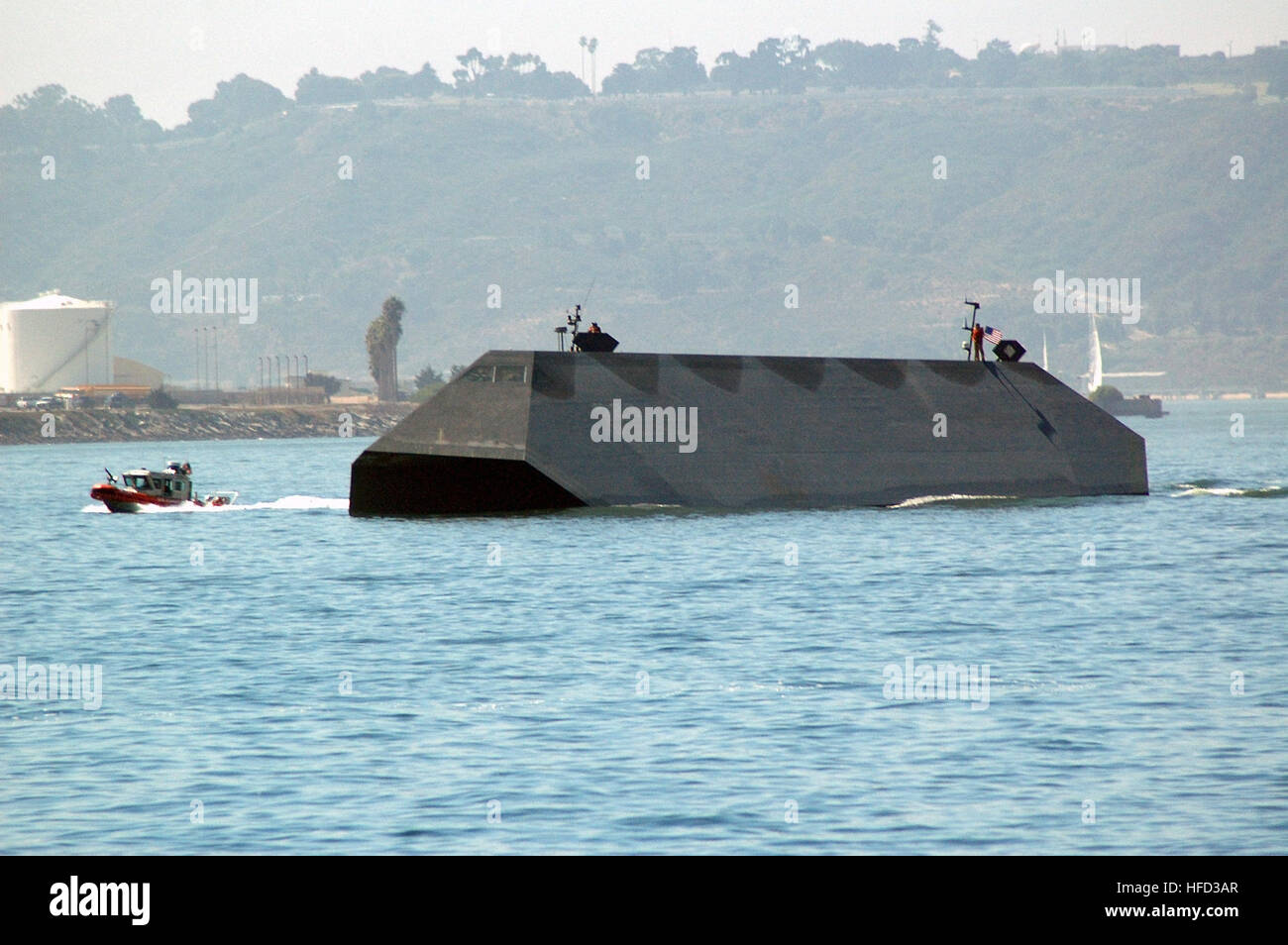 The US Navy (USN) test craft, SEA SHADOW, underway in the Sea and Air Parade, held as part of Fleet Week San Diego 2005. Fleet Week San Diego is a three-week tribute to Southern California area military members and their families. Sea Shadow Fleetweek Stock Photo