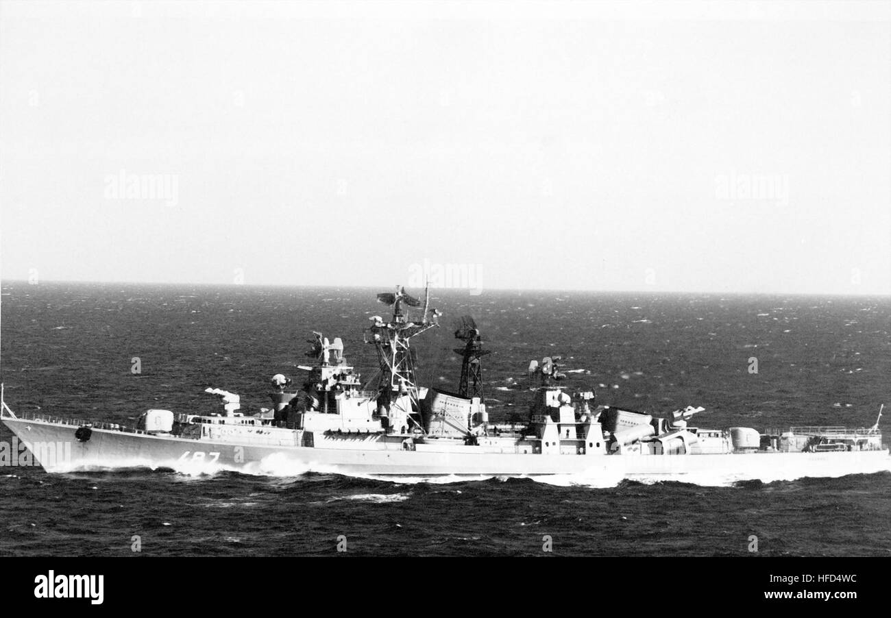 A port view of the Soviet Modified Kashin class guided missile