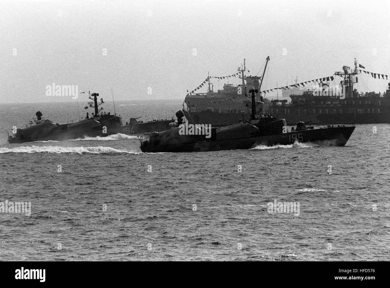 A starboard view of two Romanian navy Osa I Class fast attack missile boats. Soimul&Vulturul-1992 Stock Photo