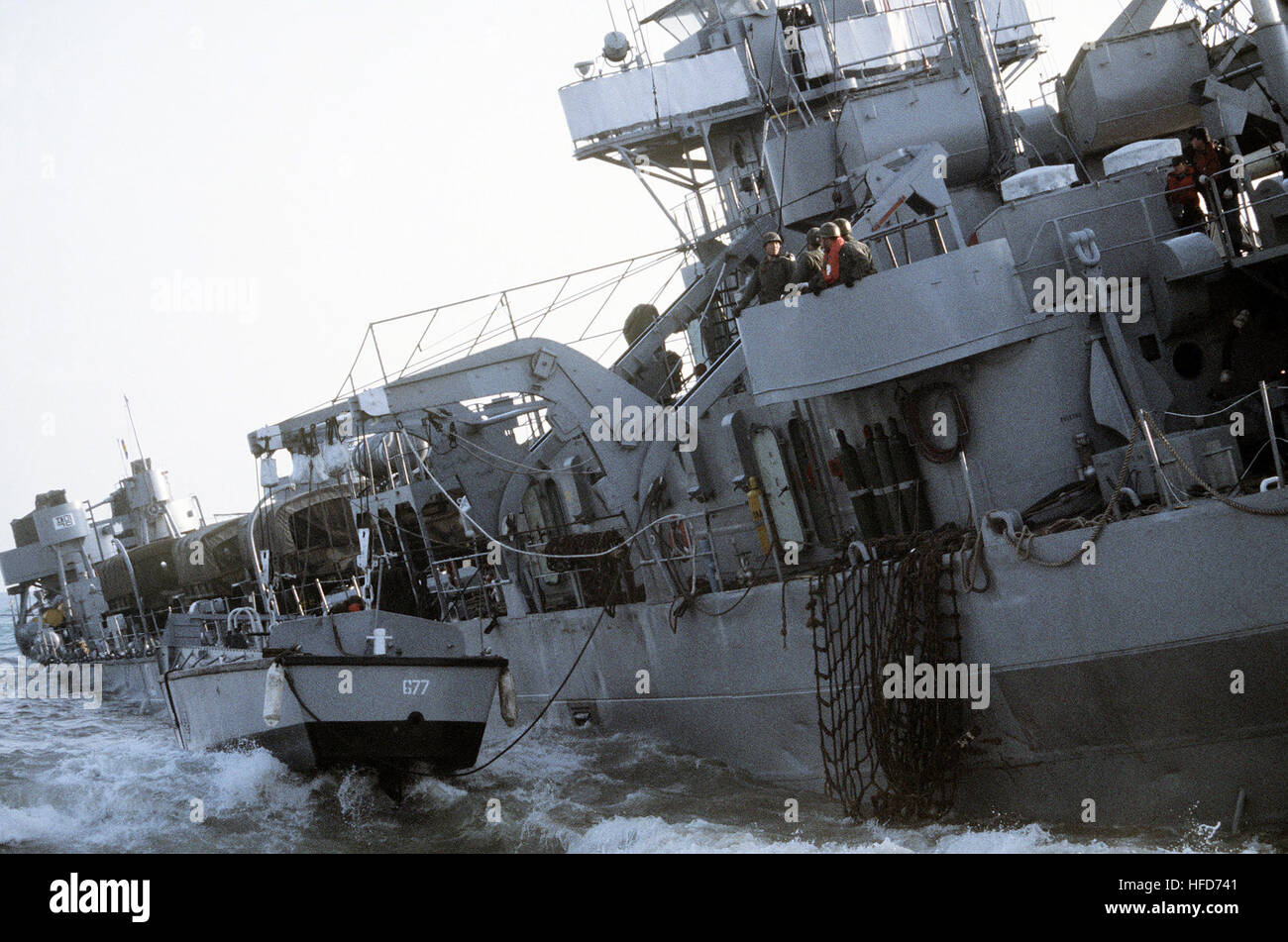 A starboard bow view of a Republic of Korea tank landing ship that ran aground during Exercise Team Spirit '83. Starboard view of ROKS Suyeong (LST 677) Stock Photo