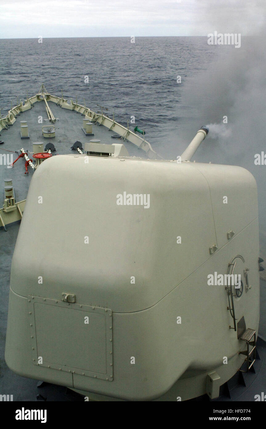 The Peruvian frigate BAP Palacios (FM 56) fires a fiveinch mount
