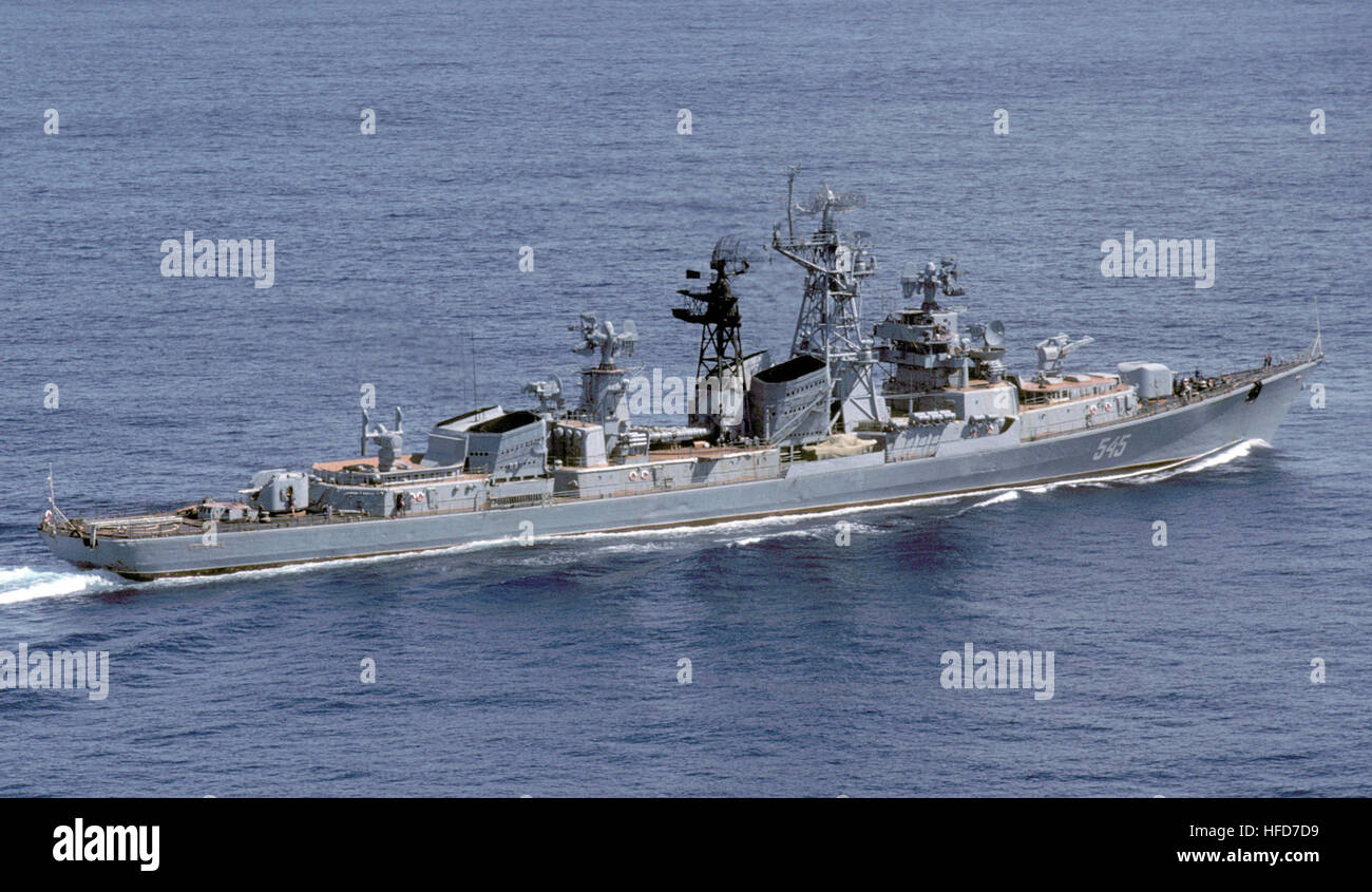 Aerial starboard quarter view of the Soviet Kashin class guided missile