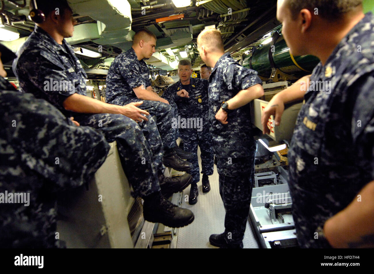 Master Chief Petty Officer of the Navy Rick West tours the Los Angeles-class attack submarine USS Philadelphia during a visit to Naval Submarine Base New London. Submarine action in Groton 268381 Stock Photo