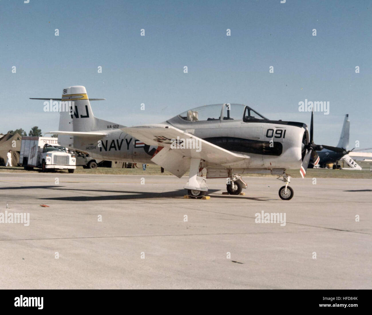A T-28C Trojan aircraft from Attack Squadron VA-122 is stationed 