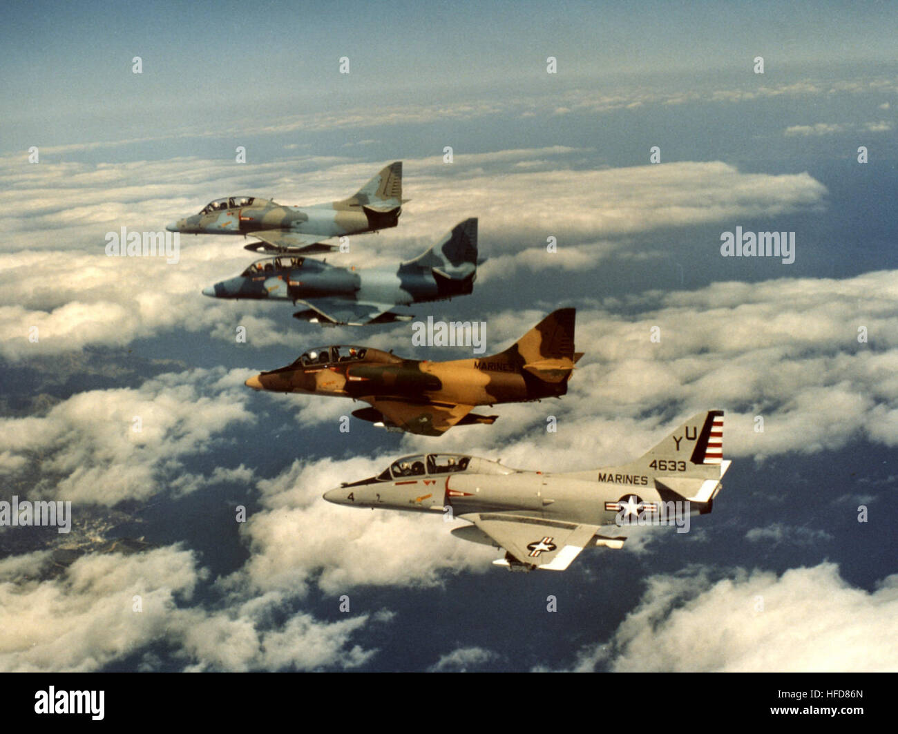 TA-4F Skyhawks of H&MS-13 in flight 1980s Stock Photo