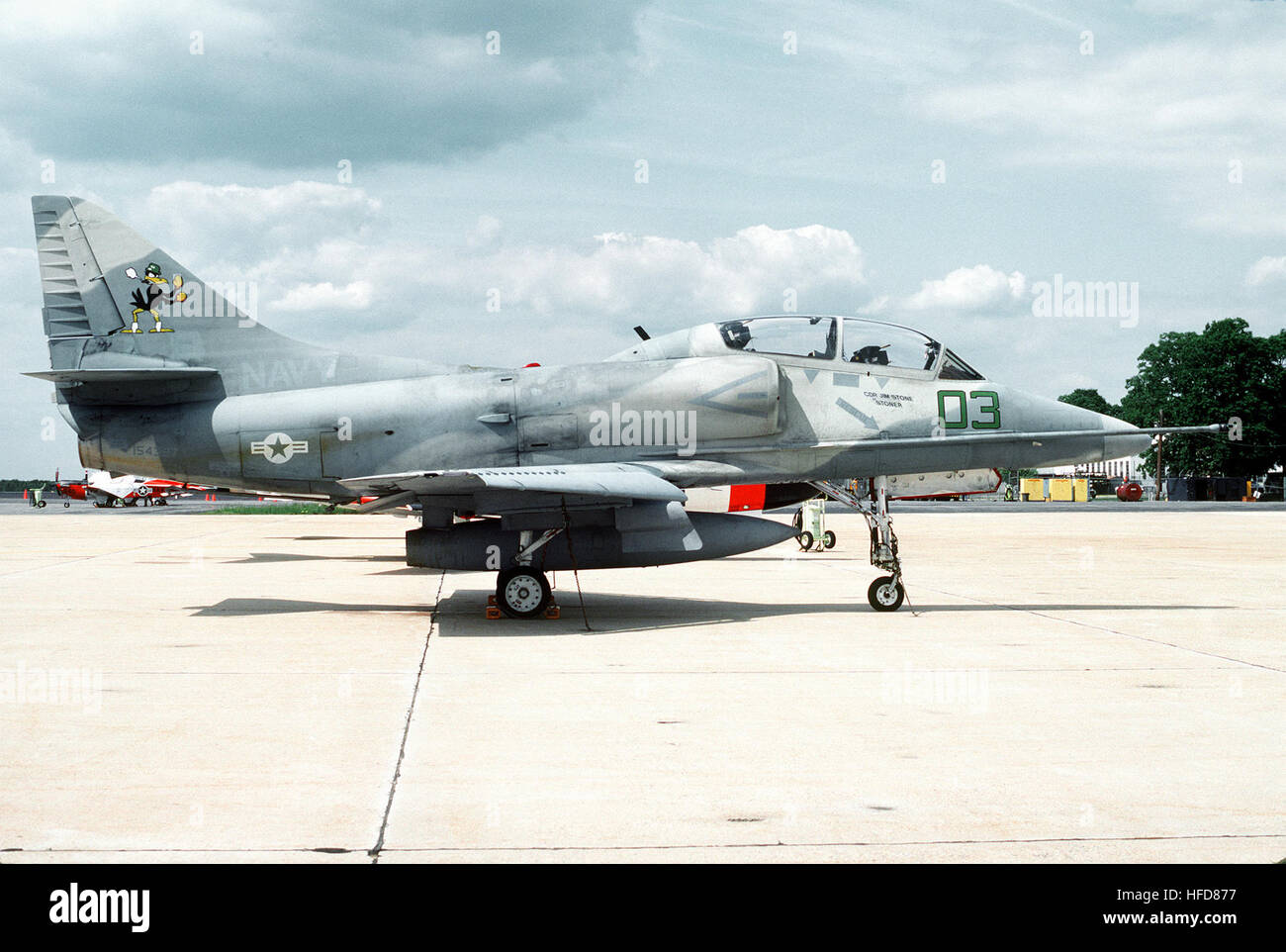 A right side view of a TA-4J Skyhawk aircraft of Fighter Squadron 45 (VF-45) parked on the flight line. TA-4F Skyhawk of VF-45 at NAF Andrews 1993 Stock Photo