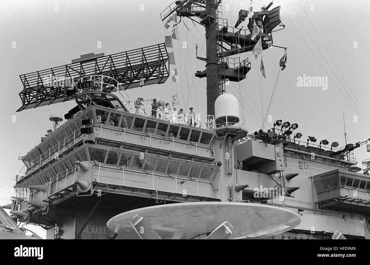 The island superstructure of the aircraft carrier USS KITTY HAWK (CV-63). The island of USS Kitty Hawk (CV-63) Pearl Harbor DNSN8200162 1981-04-15 Stock Photo